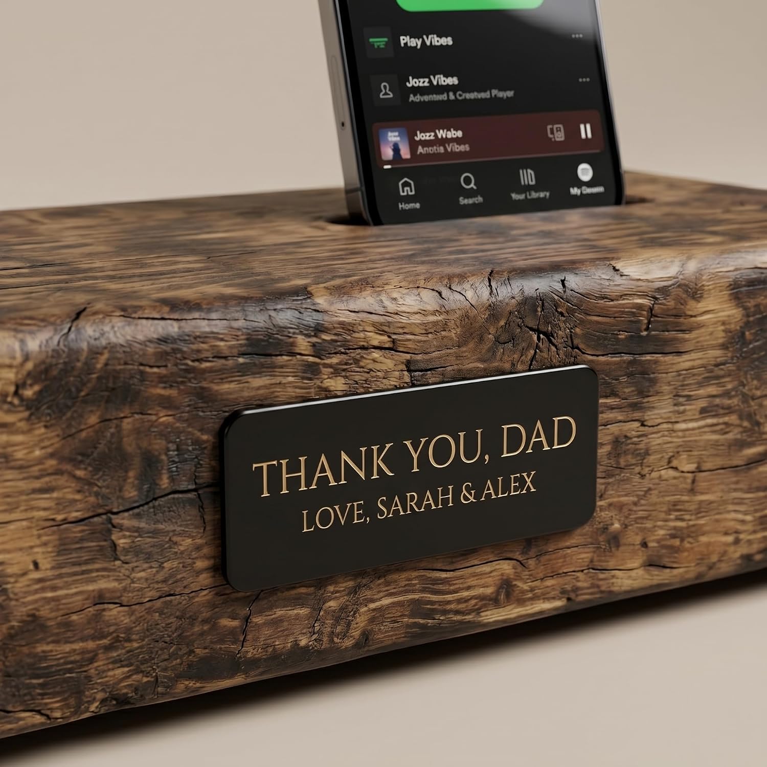 Handmade Acoustic Phone Speaker, Gramophone Phone Amplifier, Vintage Passive Speaker for Home Decor, Office Furniture Gift, Unique Handmade Smart Phone Dock - 15' Aged Oak & Cast Black