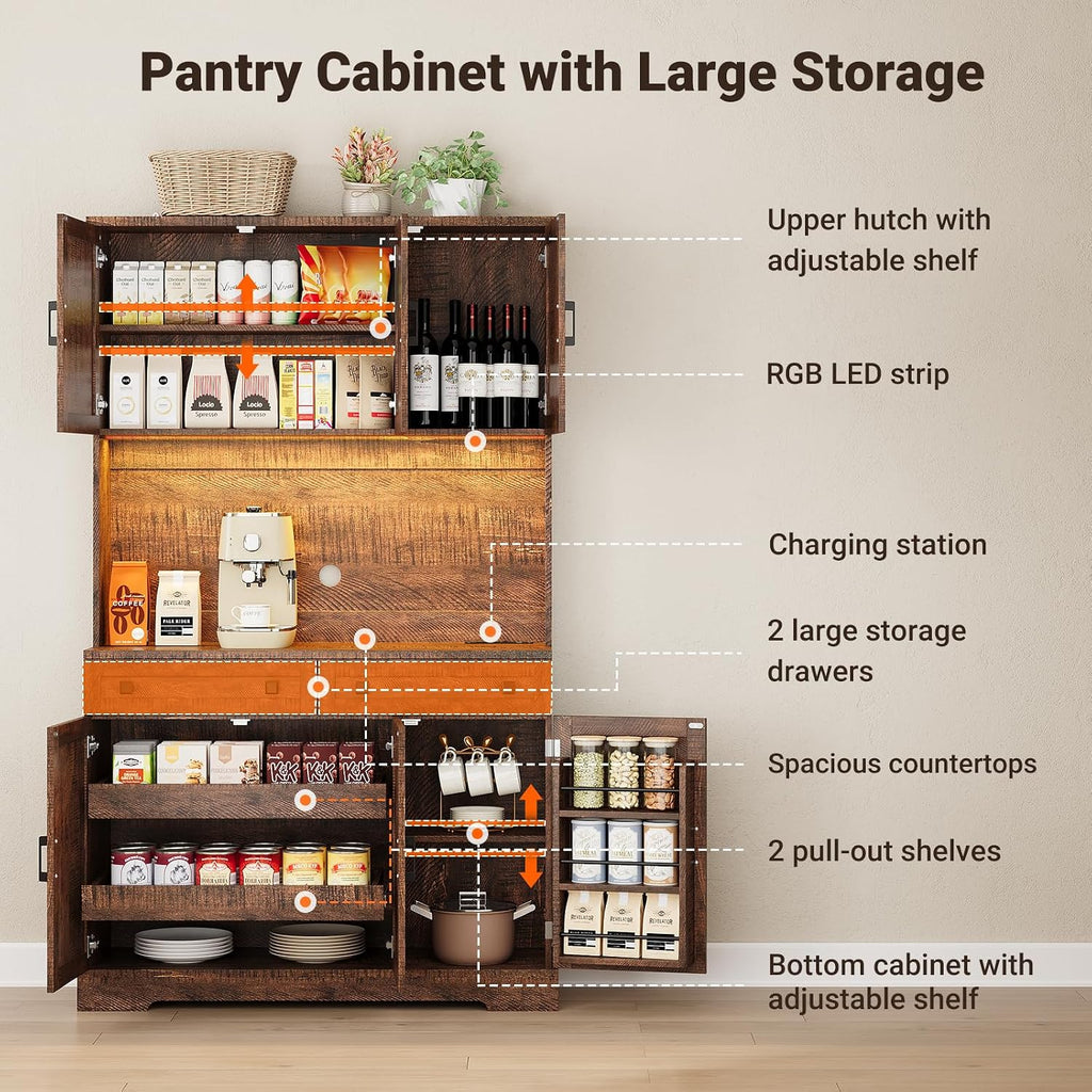 ELYKEN 71' Tall Ktchen Pantry Cabinet with Charging Station & LED Lights, Farmhouse Kitchen Hutch Cabinet with Large Countertop for Dining Room Living Room, Brown