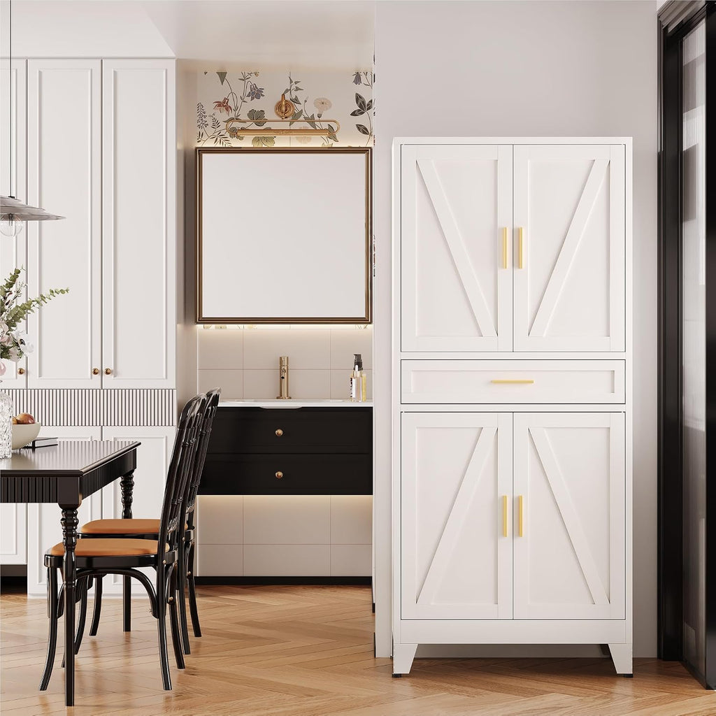 QINPTWUT 71' Farmhouse Pantry Cabinet in White, with 4 Doors & Center Drawer, Tall Food Cabinet with Adjustable Shelves, Freestanding Steel Cupboard for Kitchen, Dining Room, Pantry, Garage