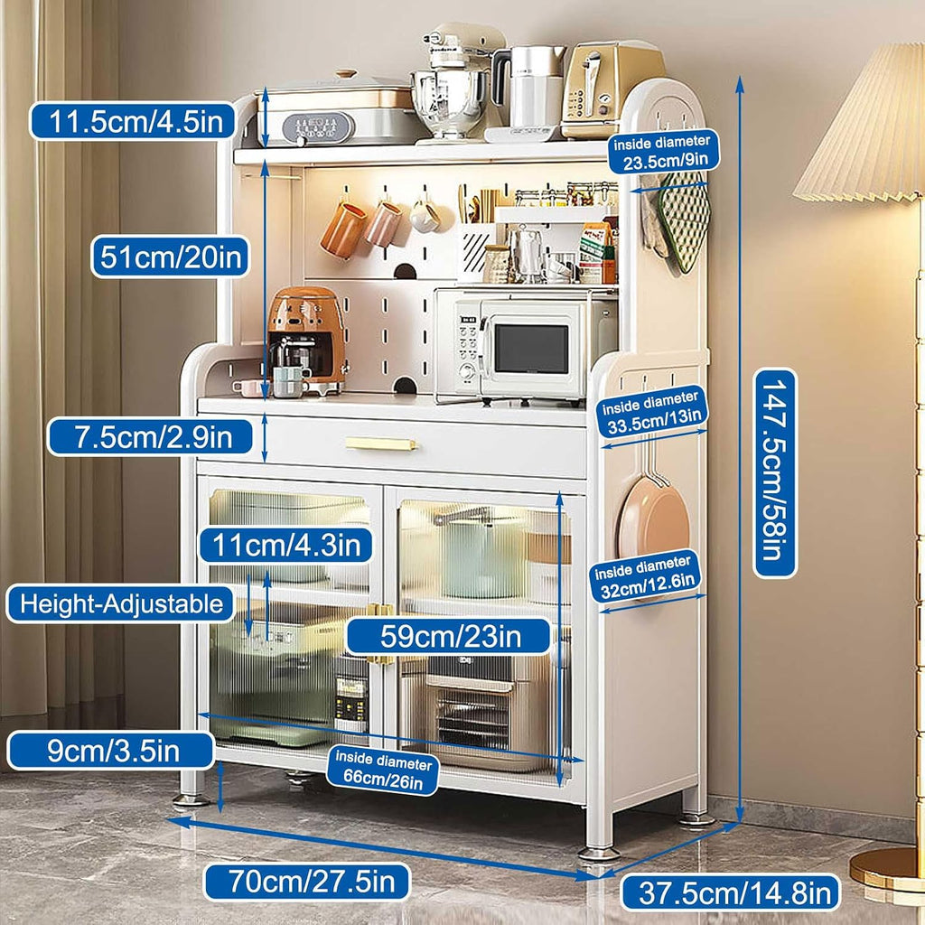 Generic White,147.5×70cm/58×27.5in, Kitchen Bakers Rack with Drawer, 5 Tier Microwave Stand, Kitchen Utility Storage Shelf with Adjustable Shelf, Kitchen Storage Cabinets, Free Standing Kitchen Shelf