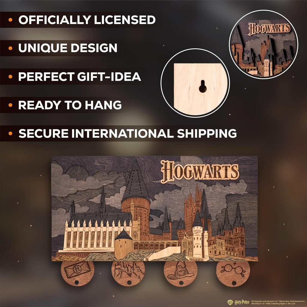 Hogwarts Magnetic Key Holder - Harry Potter 3D Key Holder with Magnetic Keychains - Unique Collectible Wooden Keyholder, Home Decor for Harry Potter Fans (Night Edition, L, 4 Keychains)