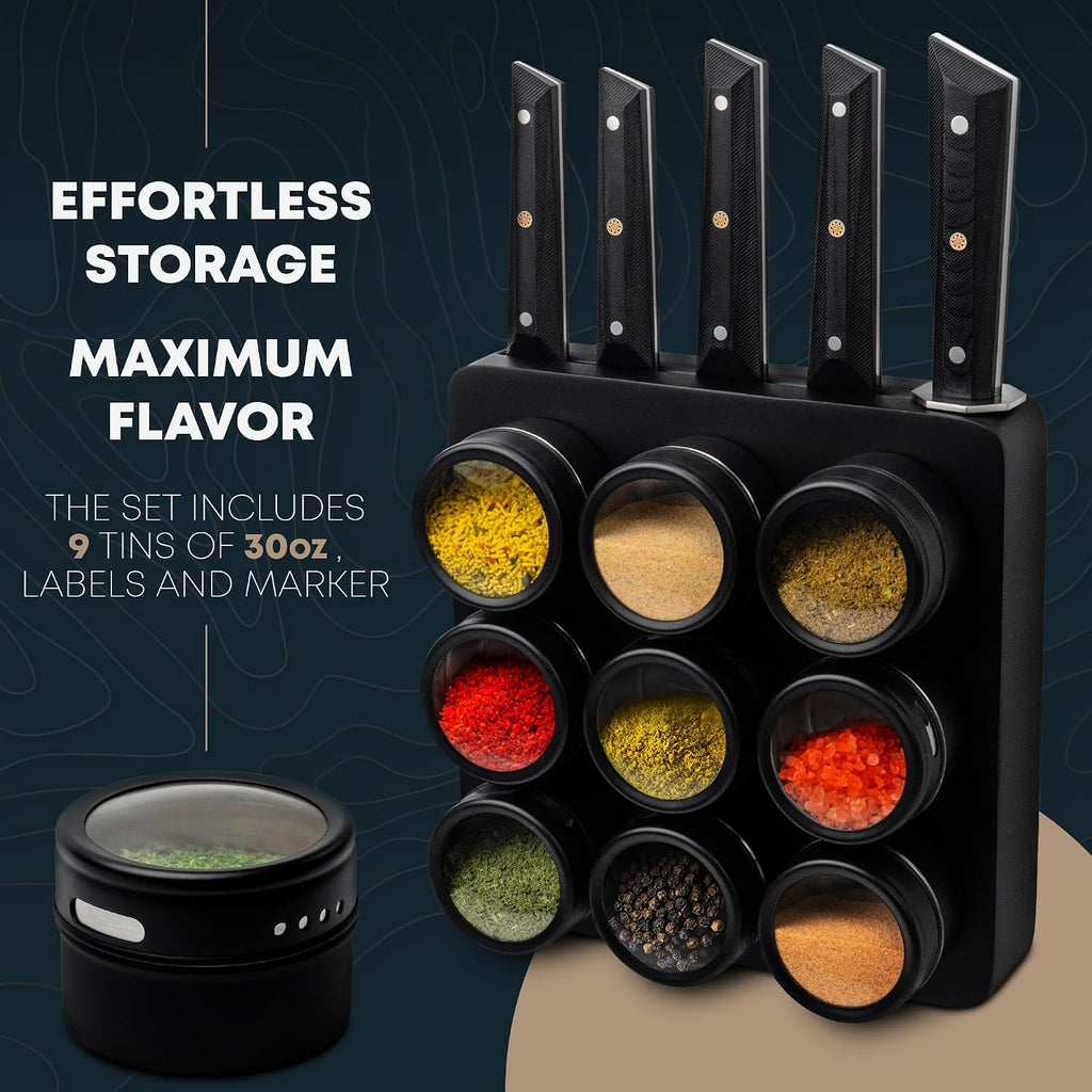 3-in-1 Magnetic Knife Block & Spice Rack Bundle - Ultra Sharp 60 HRC Chef Knife Set, Black Titanium Blades, 9 Spice Tins, Wall Mount Holder - All-in-One Kitchen Organizer + Mini Knife