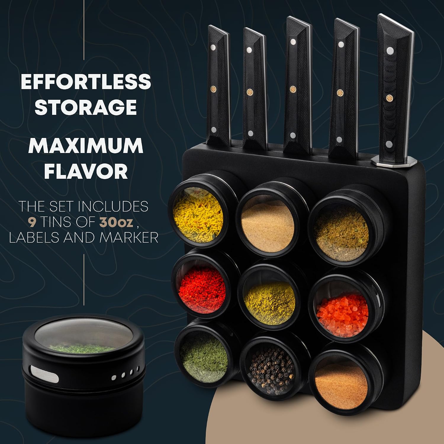 3-in-1 Magnetic Knife Block & Spice Rack Bundle - Ultra Sharp 60 HRC Chef Knife Set, Black Titanium Blades, 9 Spice Tins, Wall Mount Holder - All-in-One Kitchen Organizer + Mini Knife