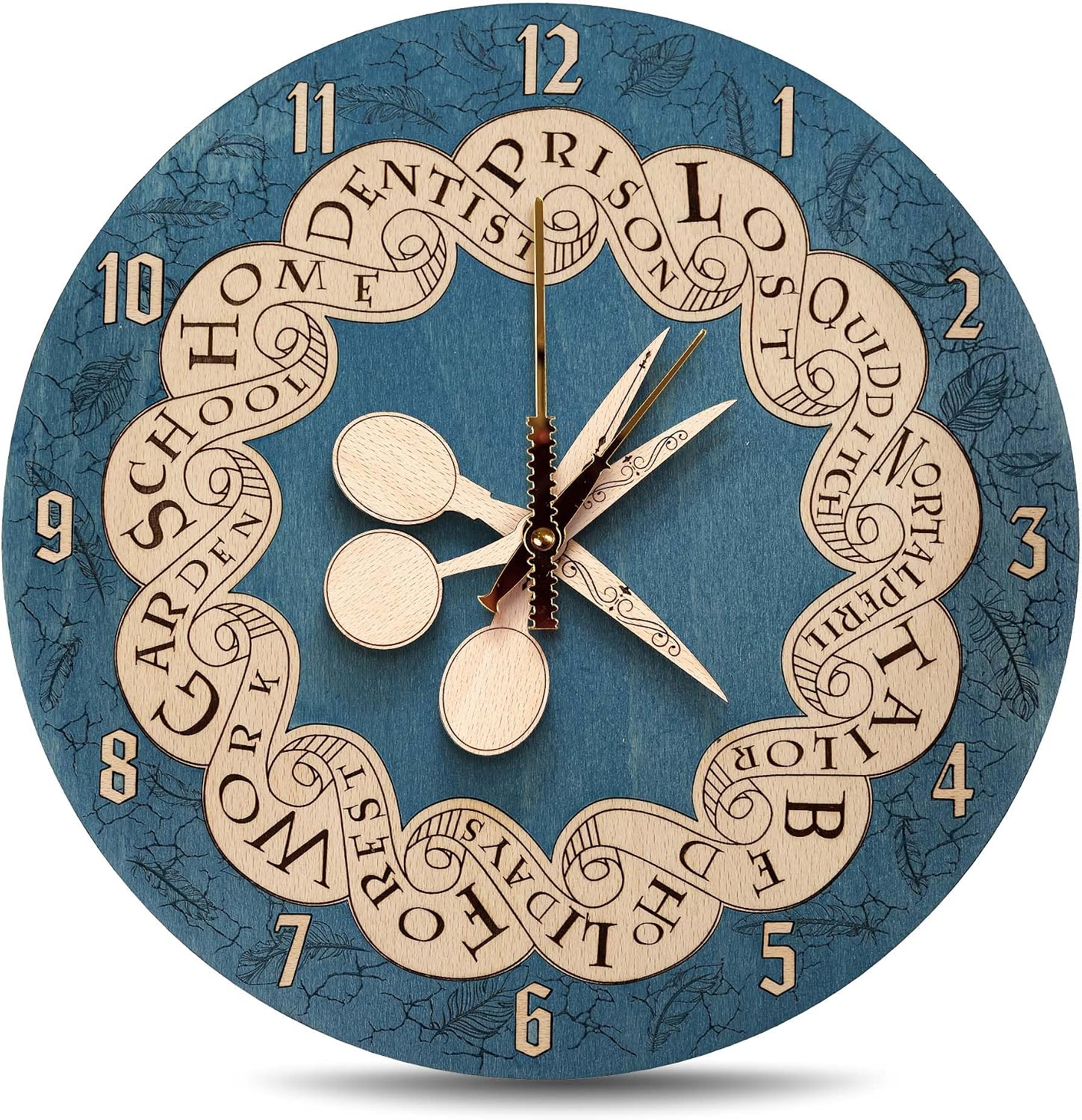 ZE WOOD Weasley Family Round Clock - Harry Potter 3D Wall Clock - Unique Blue Wooden Clock, Silent Large Modern Rustic Decorative Home Decor for Harry Potter Fans (3 spoons, L)
