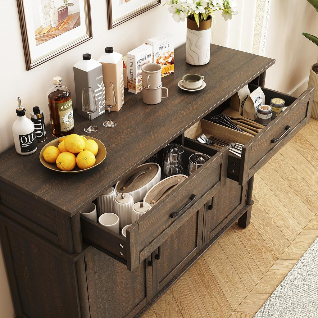 ONBRILL 48 Inch Buffet Cabinet with Storage, Farmhouse Sideboard Buffet w/2 Drawers and 3 Doors, Wood Coffee Bar Cabinet with Adjustable Shelves, Sideboard Storage for Kitchen, Living Room, Brown