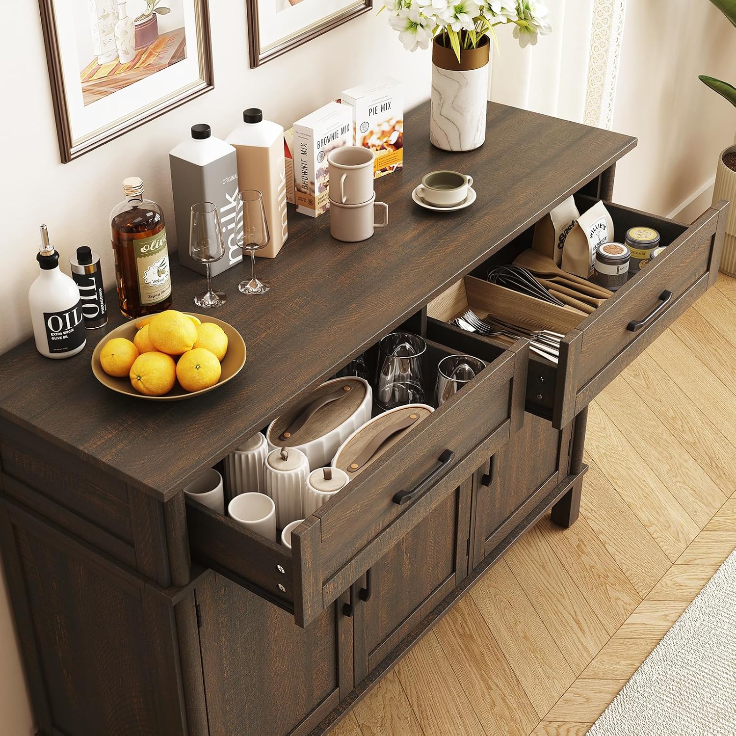 ONBRILL 48 Inch Buffet Cabinet with Storage, Farmhouse Sideboard Buffet w/2 Drawers and 3 Doors, Wood Coffee Bar Cabinet with Adjustable Shelves, Sideboard Storage for Kitchen, Living Room, Brown