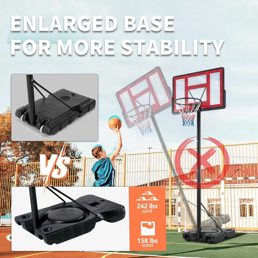 DUMOS Portable Basketball Hoop, Shatterproof Backboard & Shock Absorbent Rim, Easy Height Adjustable Outdoor Basketball Goal with Fillable Base & Wheels for Backyard/Driveway/Pool