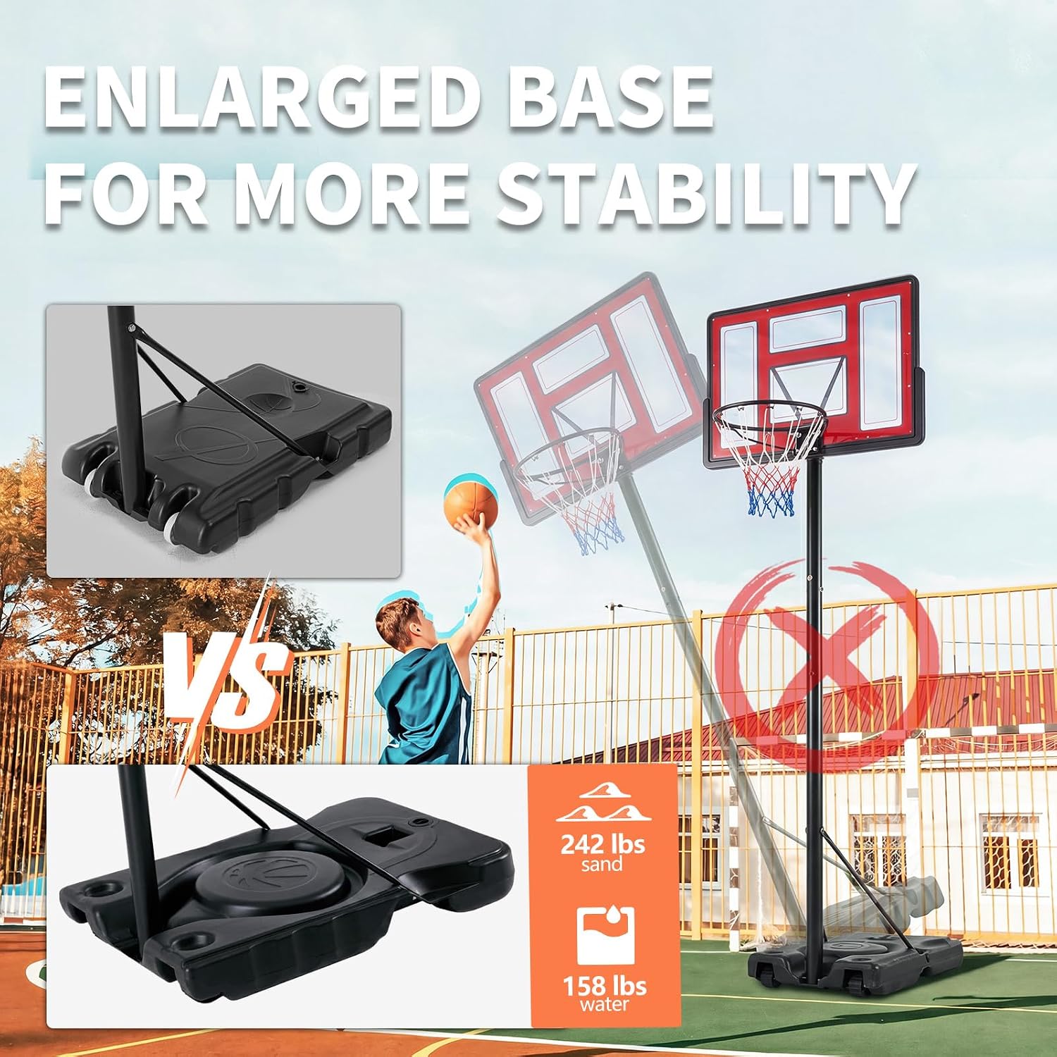 DUMOS Portable Basketball Hoop, Shatterproof Backboard & Shock Absorbent Rim, Easy Height Adjustable Outdoor Basketball Goal with Fillable Base & Wheels for Backyard/Driveway/Pool