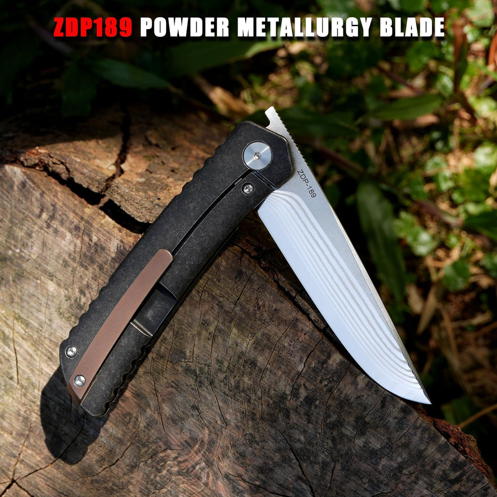 KATSU Folding Pocket Japanese Knife, 17 Layers ZDP-189 Super Steel Convex Grind Blade, Titanium Alloy Handle & Clip, Frame Lock, Leather Sheath