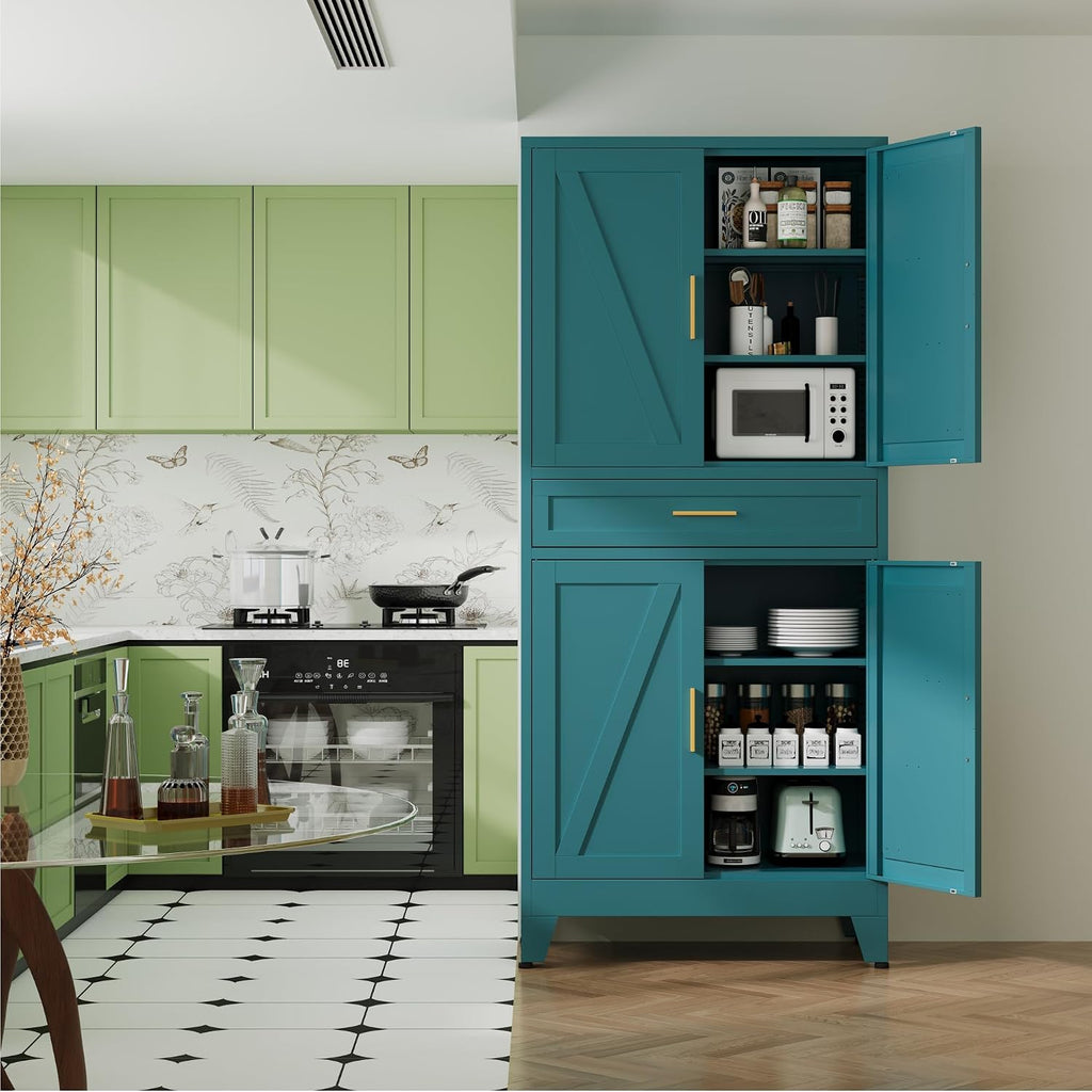 QINPTWUT 71' Farmhouse Pantry Cabinet in Blue, with 4 Doors & Center Drawer, Tall Food Cabinet with Adjustable Shelves, Freestanding Steel Cupboard for Kitchen, Dining Room, Pantry, Garage