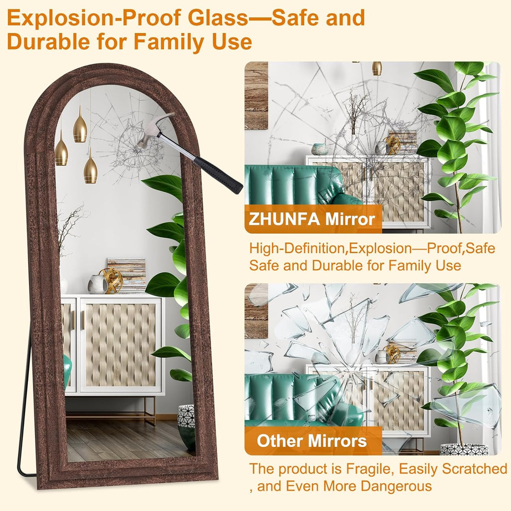 ZHUNFA External Three-Layer Arched Full Length Mirror with Solid Wood Frame,71x32 Modern Farmhouse Decor Standing Mirror Full Length,Wall Mounted,Leaning,Standing for Bedroom,Living Room,Brown.