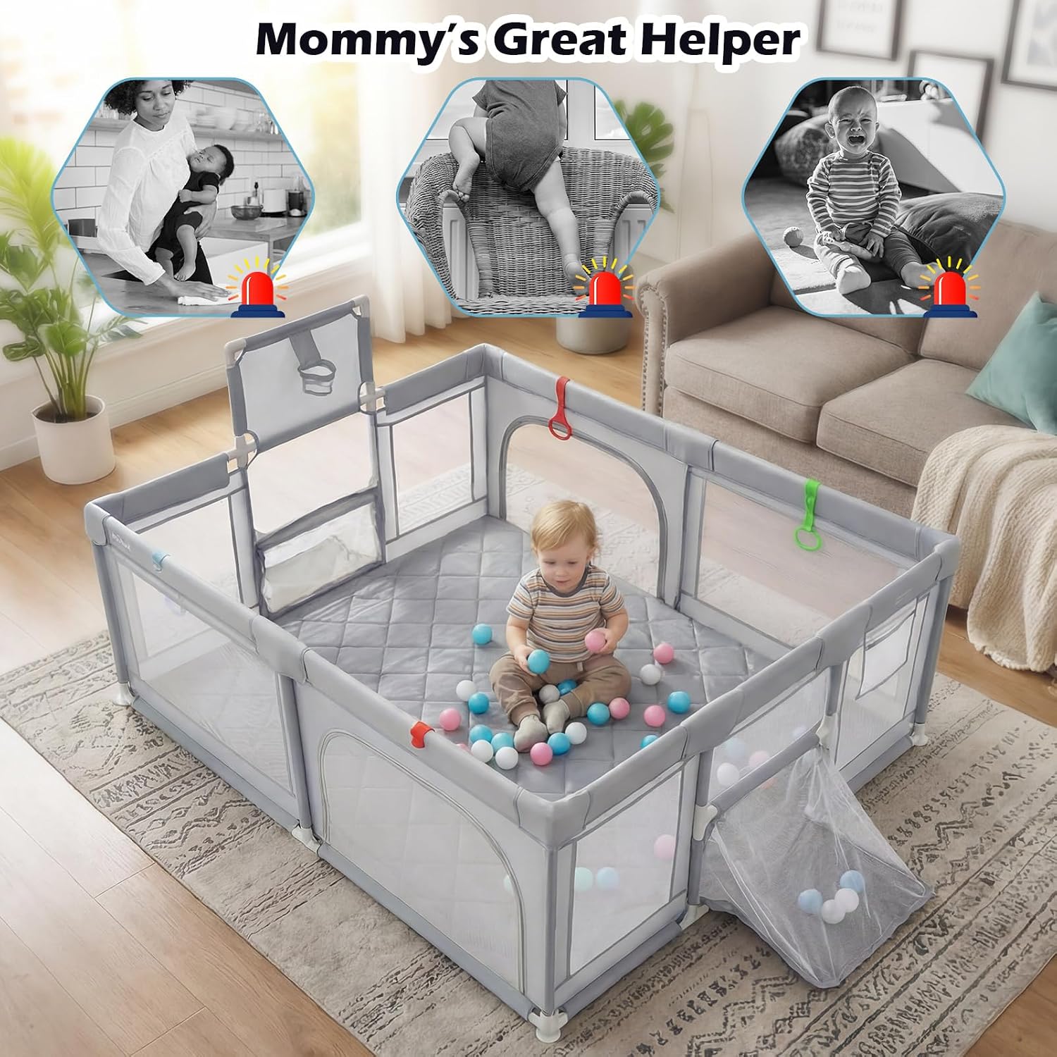 INFANS 74' x 62' Baby Playpen with Soft Mat, Basketball Hoop, 2 Soccer Goals, 4 Handles & 50 Ocean Balls, Breathable Mesh, Indoor & Outdoor Large Play Yard for Toddlers (Moon Light)