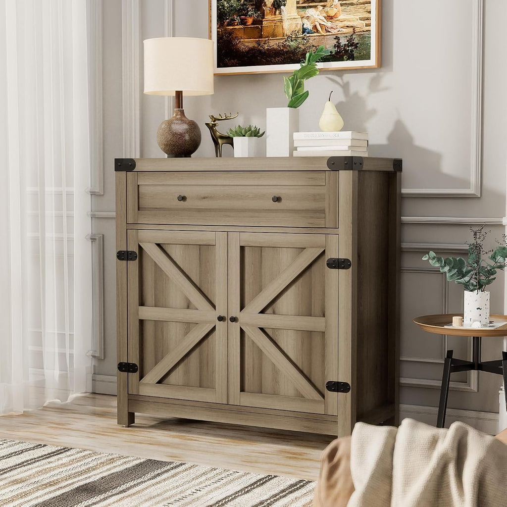 JUMMICO Coffee Bar Cabinet Farmhouse Kitchen Sideboard Buffet Cabinet with Drawer and Adjustable Shelf Barn Door Storage Cabinet for Kitchen, Dining Room, Bathroom, Entryway (Rustic Oak)
