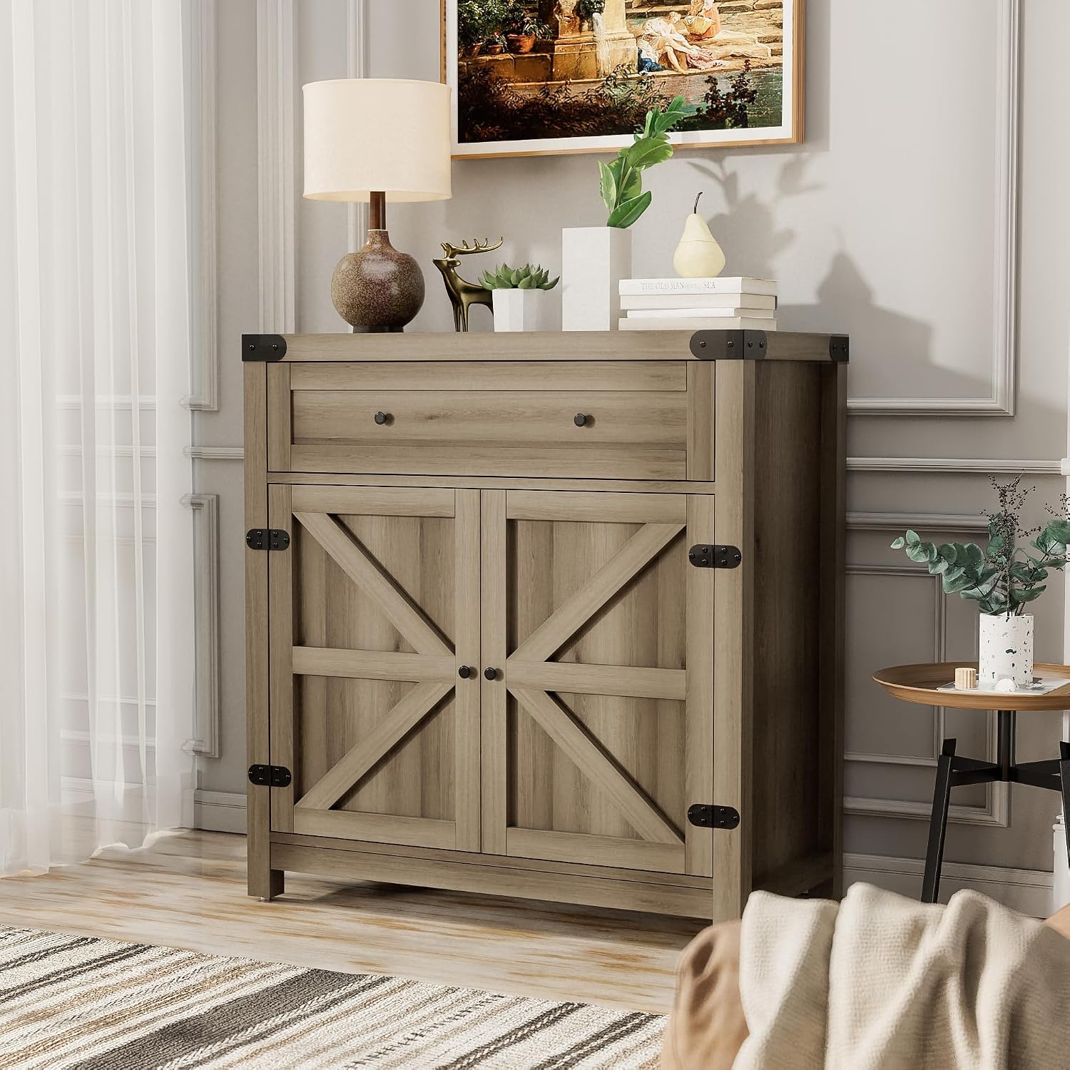 JUMMICO Coffee Bar Cabinet Farmhouse Kitchen Sideboard Buffet Cabinet with Drawer and Adjustable Shelf Barn Door Storage Cabinet for Kitchen, Dining Room, Bathroom, Entryway (Rustic Oak)