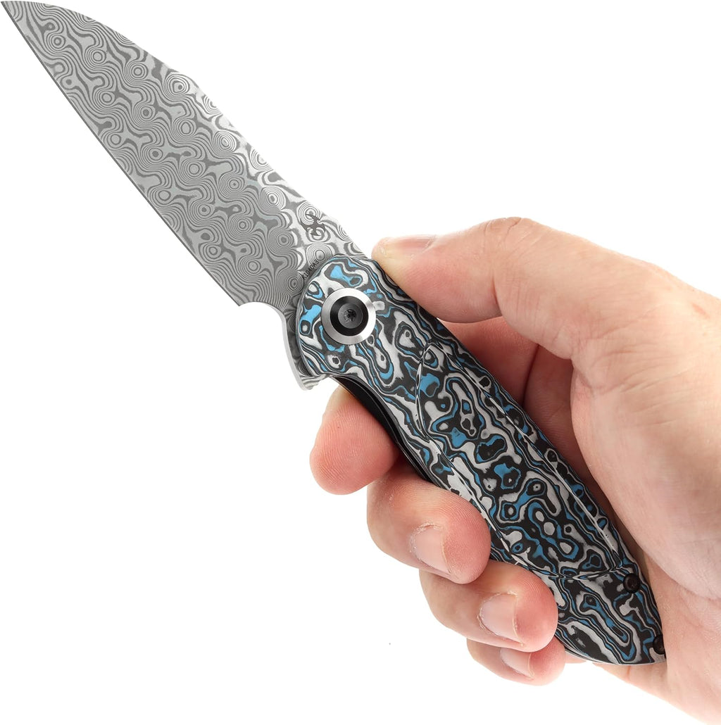 KANSEPT Prometheus Pocket Folding Knives for Men EDC Camping Folding Knife 3.29'' Damascus Material Pocket Folding Knife Liner Lock with Blue Whire Nebula Carbon Fiber Handle Everyday Carry K1040A3