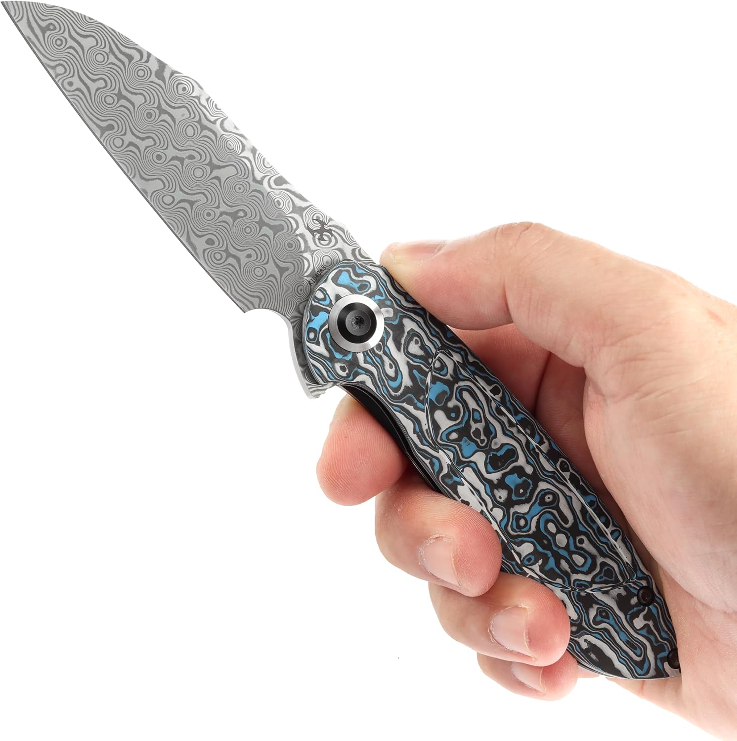 KANSEPT Prometheus Pocket Folding Knives for Men EDC Camping Folding Knife 3.29'' Damascus Material Pocket Folding Knife Liner Lock with Blue Whire Nebula Carbon Fiber Handle Everyday Carry K1040A3