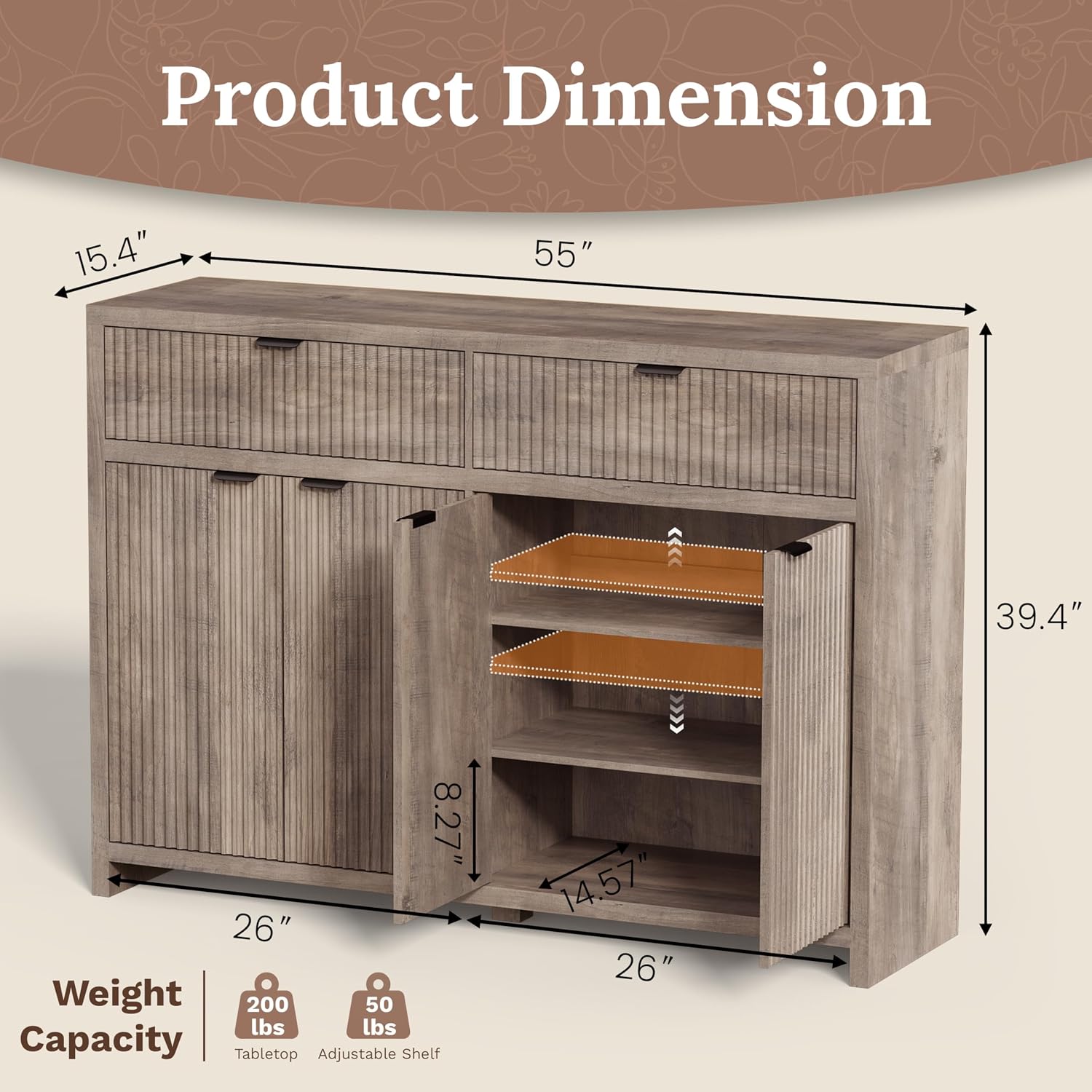 Fluted Sideboard Buffet Cabinet with Storage Drawers, 55' Large Accent Storage Cabinet with Doors and Adjustable Shelf, Modern Farmhouse Credenza for Entryway, Kitchen, Living Room - Gray