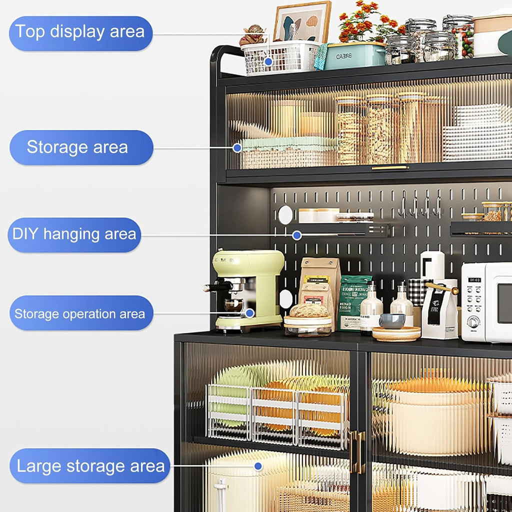 Stylish Coffee Bar Cabinet & Microwave Stand with Transparent Flip Switch Door, DIY Backplane, Rolling Casters, Perfect for Kitchen, Dining & Living Room (White, 70')