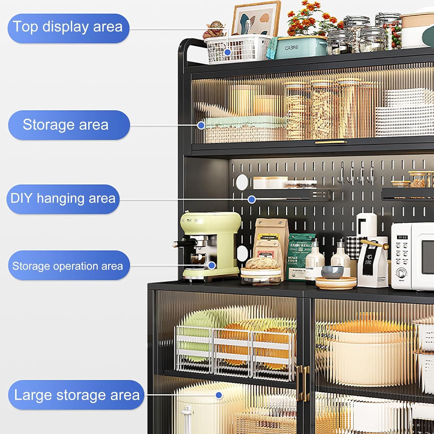 White Coffee Bar Cabinet with Microwave Stand, Bakers Rack & Transparent Flip Switch Door, DIY Backplane, Rolling Cart for Kitchen, Dining Room & Living Room - 60' Size