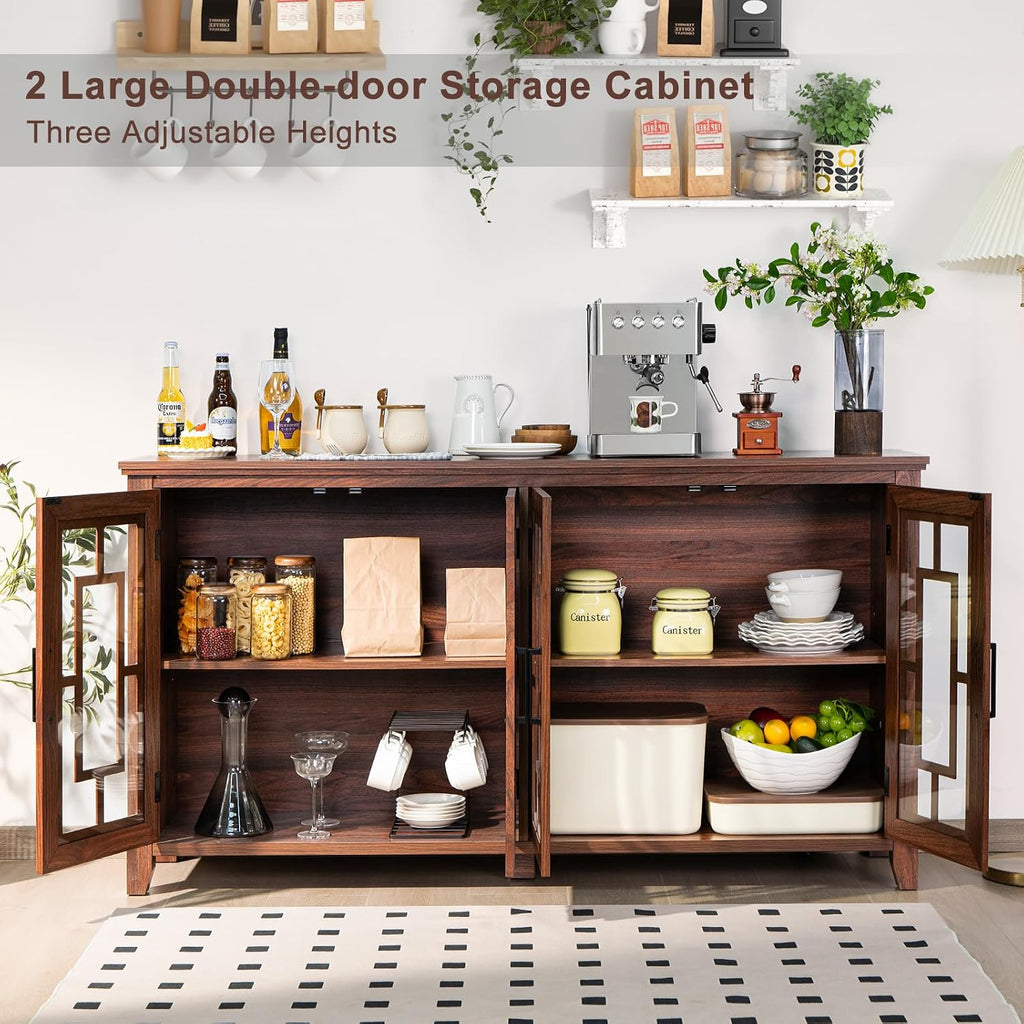 Joaxswe Large Sideboard Buffet Cabinet with Storage, 63' Farmhouse Brown Kitchen Coffee Wine Bar Cabinet with 4 Glass Doors, Wood Mid Century Modern Side Board Table for Dining Room, Living Room