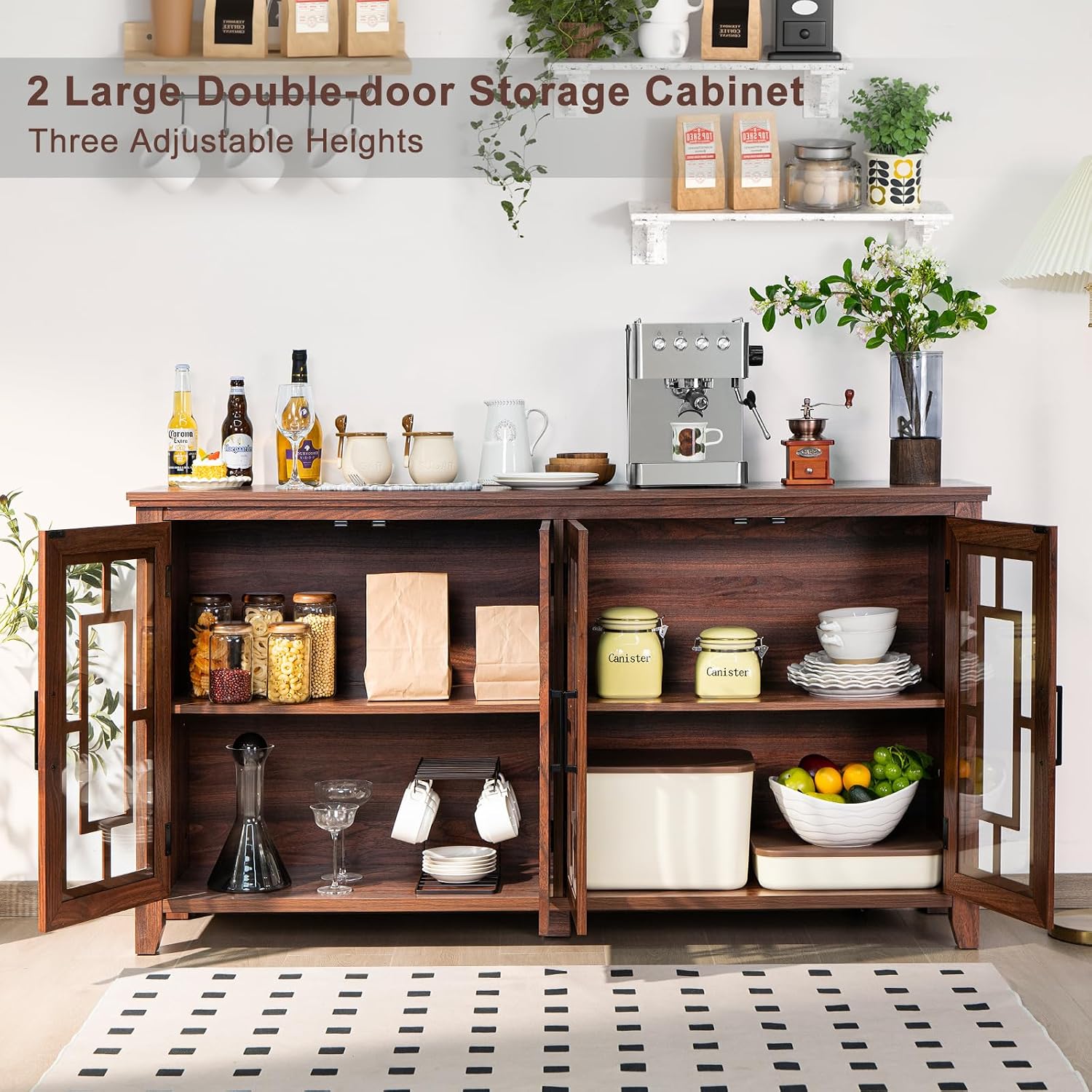 Joaxswe Large Sideboard Buffet Cabinet with Storage, 63' Farmhouse Brown Kitchen Coffee Wine Bar Cabinet with 4 Glass Doors, Wood Mid Century Modern Side Board Table for Dining Room, Living Room