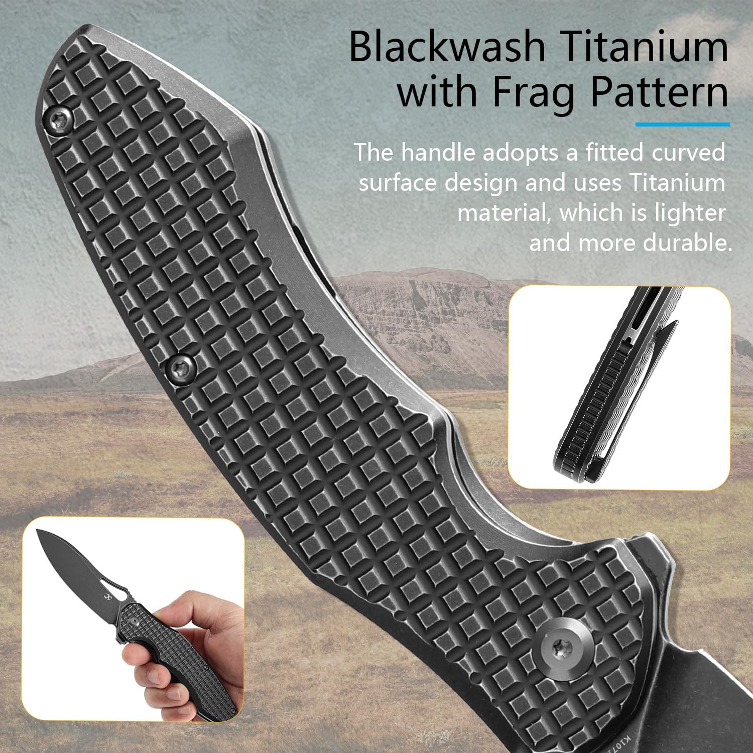 KANSEPT Echis Pocket Folding Knives for Men Women Camping Hiking Folding Knife 3.45'' Black Stonewashed CPM S35VN Blade with Blackwash Titanium with Frag Pattern Handle Everyday Carry K1071A5