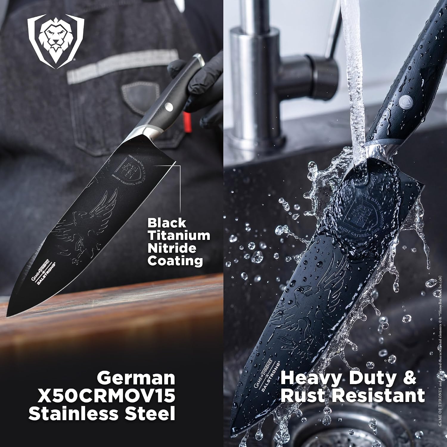 Dalstrong Game of Thrones Night's Watch 8' Chef Knife — German X50CRMOV15 Steel, Black TiN-Coated, G-10 Handle — Officially Licensed — For GoT Fans, Collectors & Real Kitchen Use
