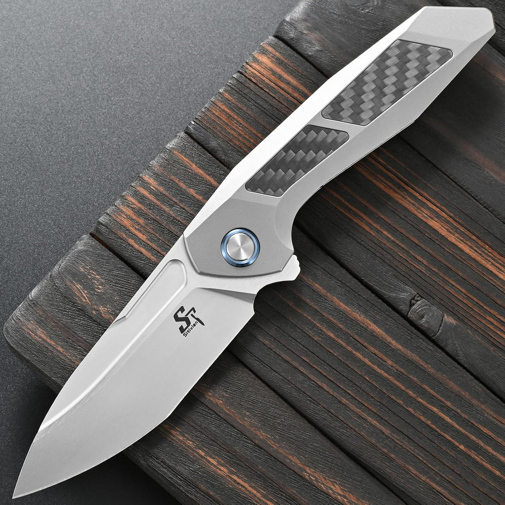 Sitivien ST996 Folding Knife,Handmade M390 Pearlescent Polishing Blade,Titanium & Carbon Fiber Handle Pocket Knife for Outdoor Camping,Hiking,Hunting(Gray)