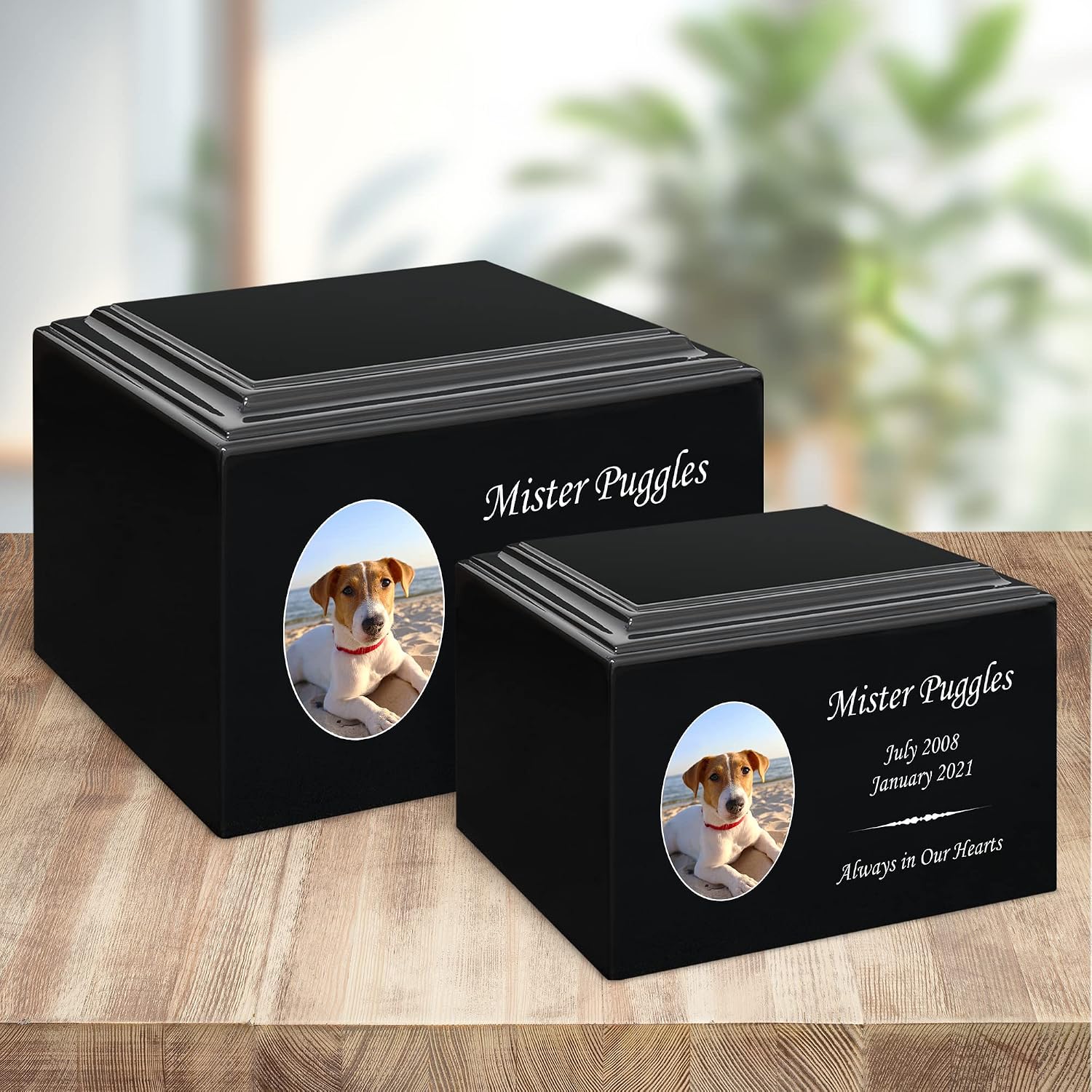 Mainely Urns Stonewood Medium Custom Pet Photo Cremation Urn for Pet Ashes - Engineered Wood Cremation Urn for Dog Ashes or Cat Ashes - 110 Cubic Inch Capacity - Customization Included (Black)