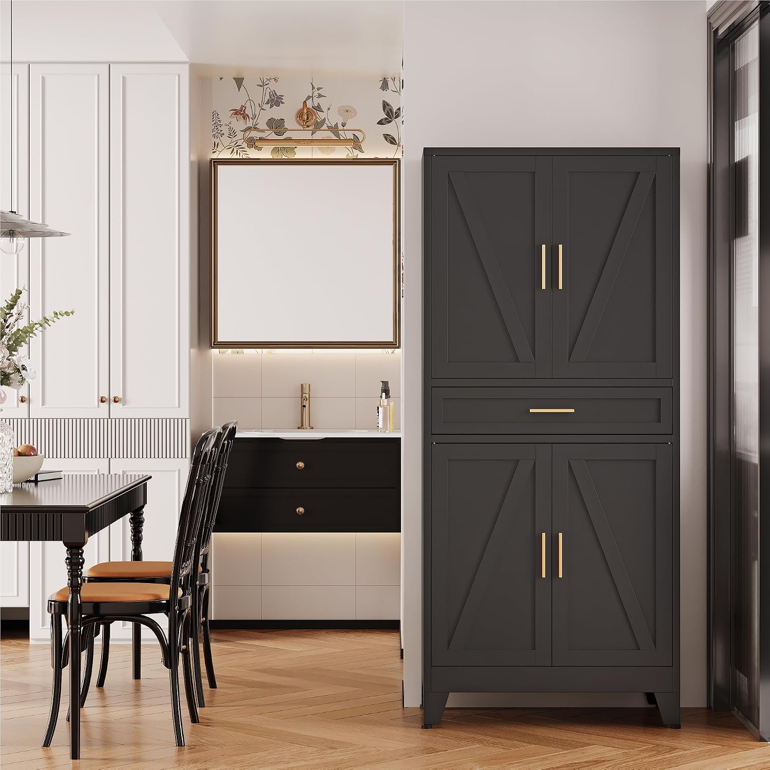 QINPTWUT 71' Farmhouse Pantry Cabinet in Black, with 4 Doors & Center Drawer, Tall Food Cabinet with Adjustable Shelves, Freestanding Steel Cupboard for Kitchen, Dining Room, Pantry, Garage