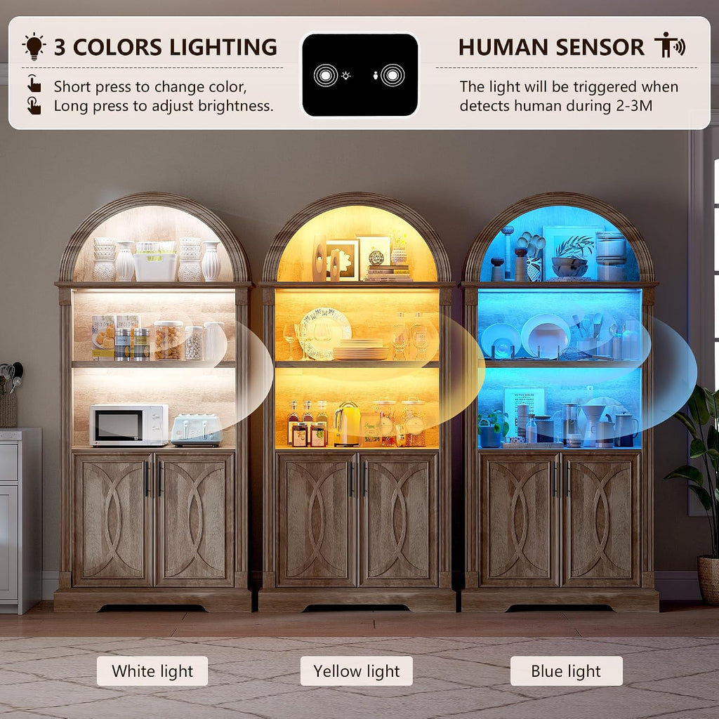 Vlsrka Arched Cabinet, Kitchen Pantry Cabinets with Open & Adjustable Shelves, Induction 3 Color Lights (Brown 2 PCS)