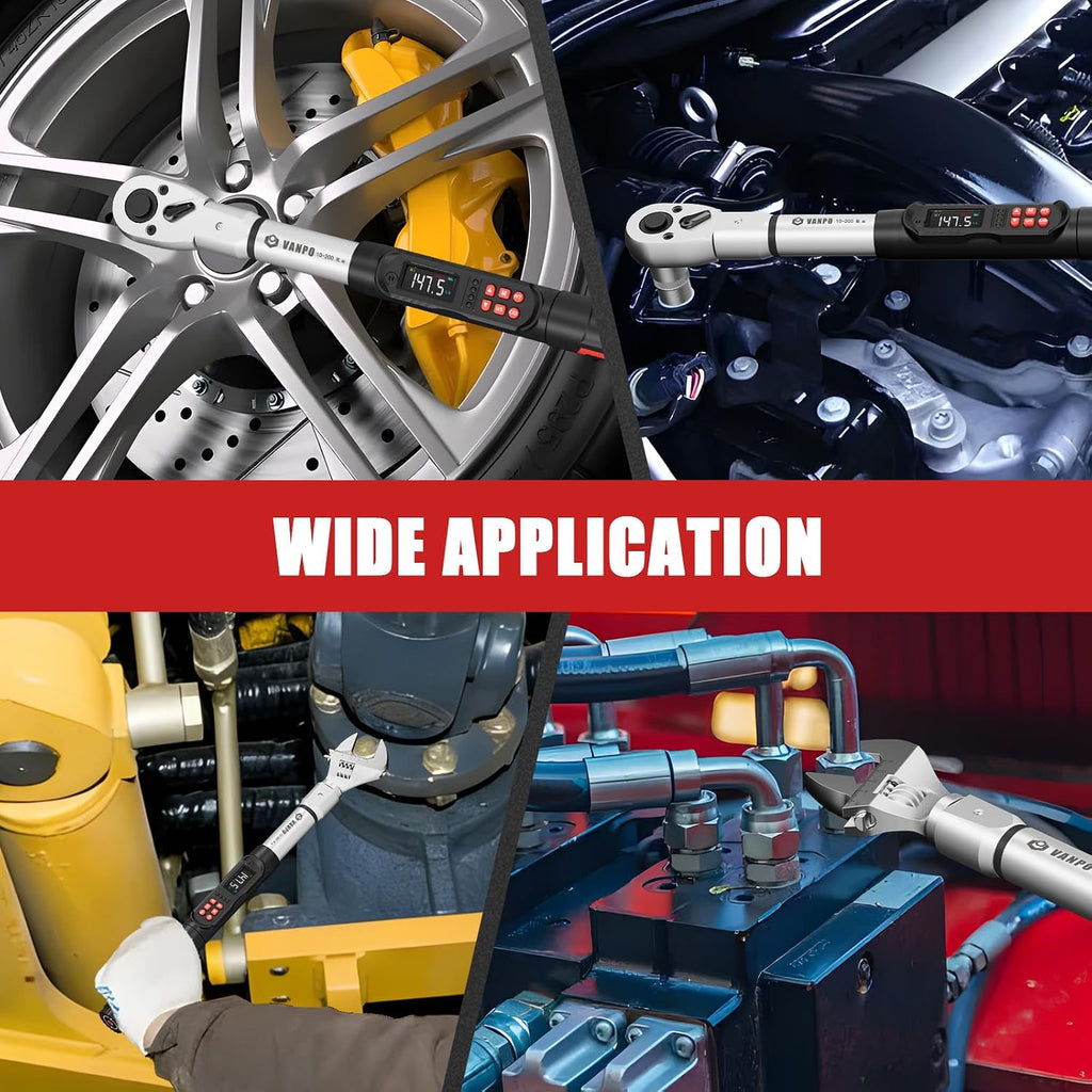 VANPO Adjustable Digital Torque Wrench, 7.4-147.5Ft.lb/10-200Nm, ±2% Accuracy, HVAC Torque Wrench Interchangeable 38mm Jaw & 1/2' Ratchet, Buzzer, Vibration and LED Alert for Split AC, Car