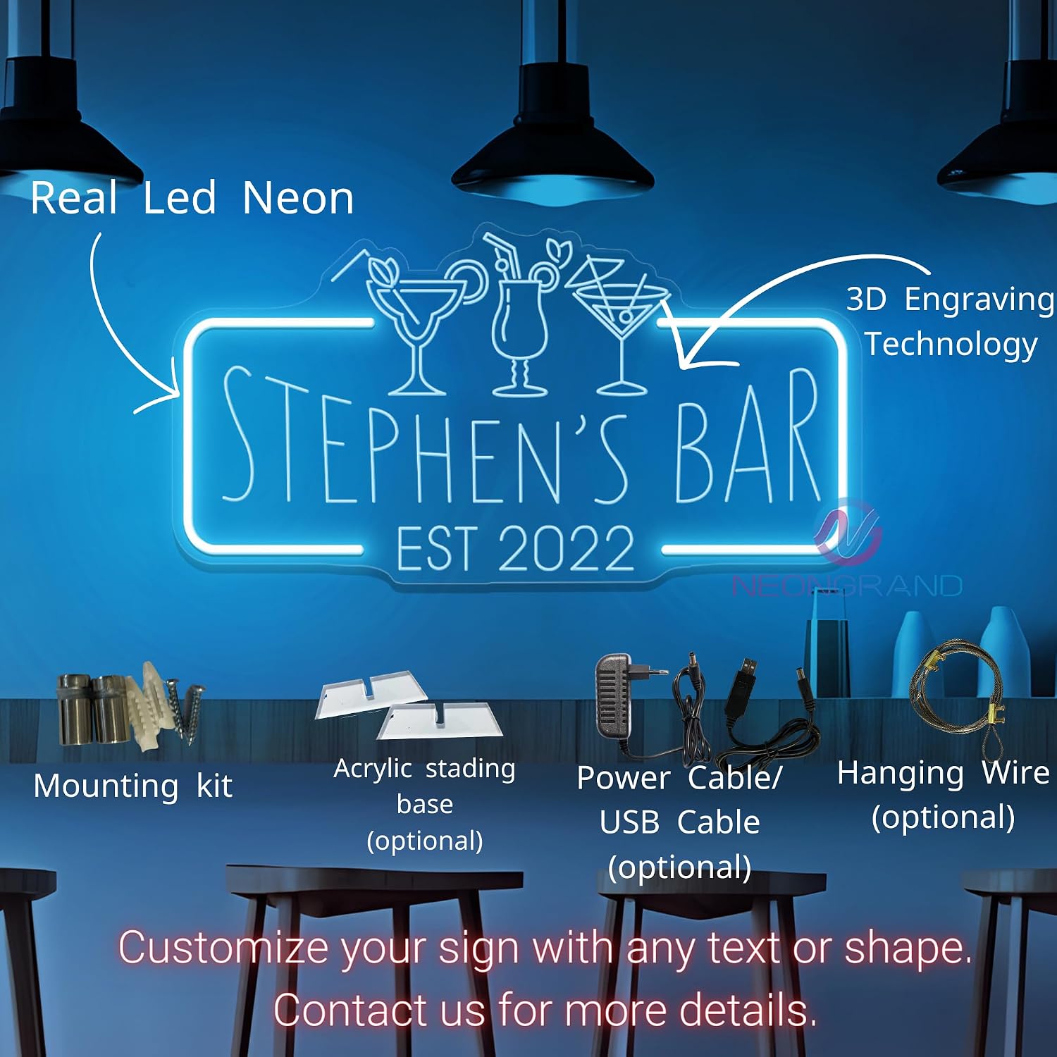 Personalized Neon Bar Sign – Custom Light Up Sign for Home Bar, Lounge, or Man Cave Decor (Engraving Rectangle)