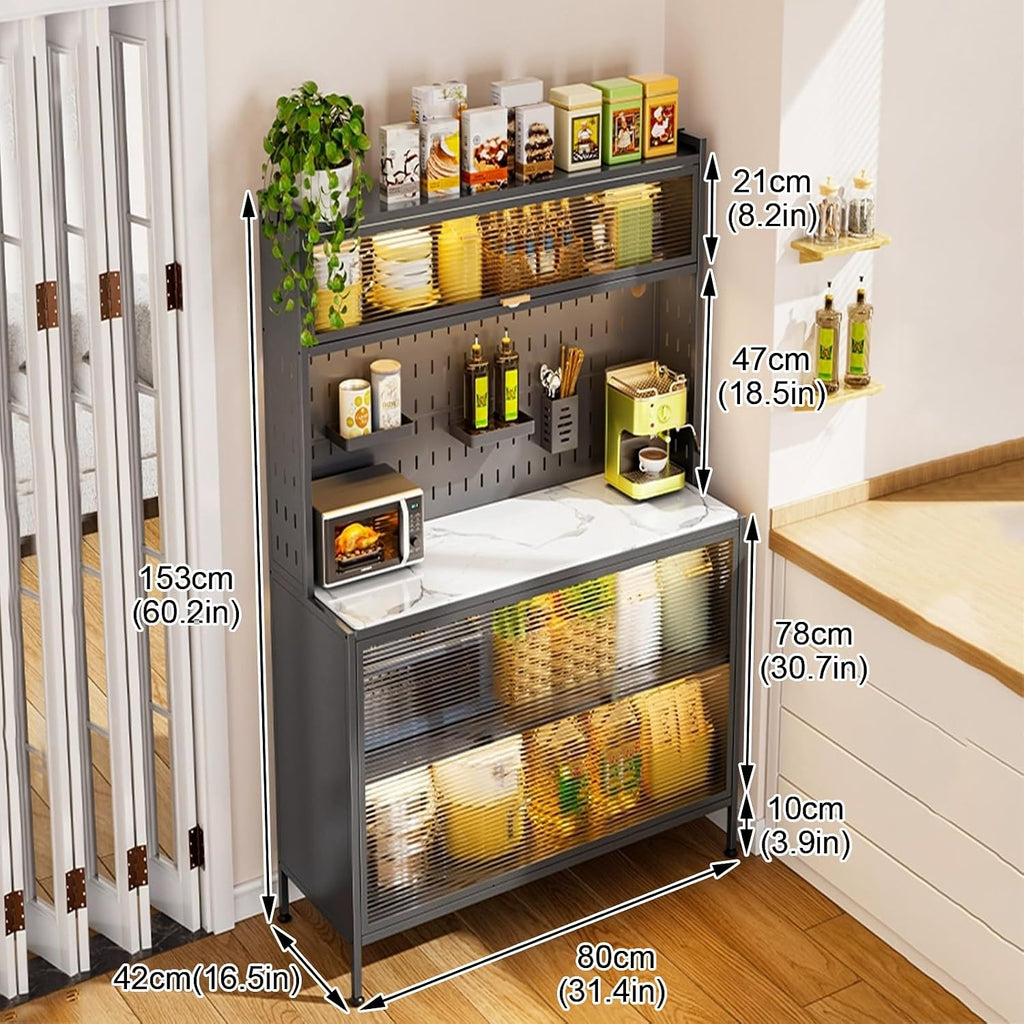 Kitchen Baker's Rack with Door Cabinet, 5-Tier Microwave Stand with Pegboard Accessories, Stone Tabletop, Adjustable Bottom Shelf(White,80cm)