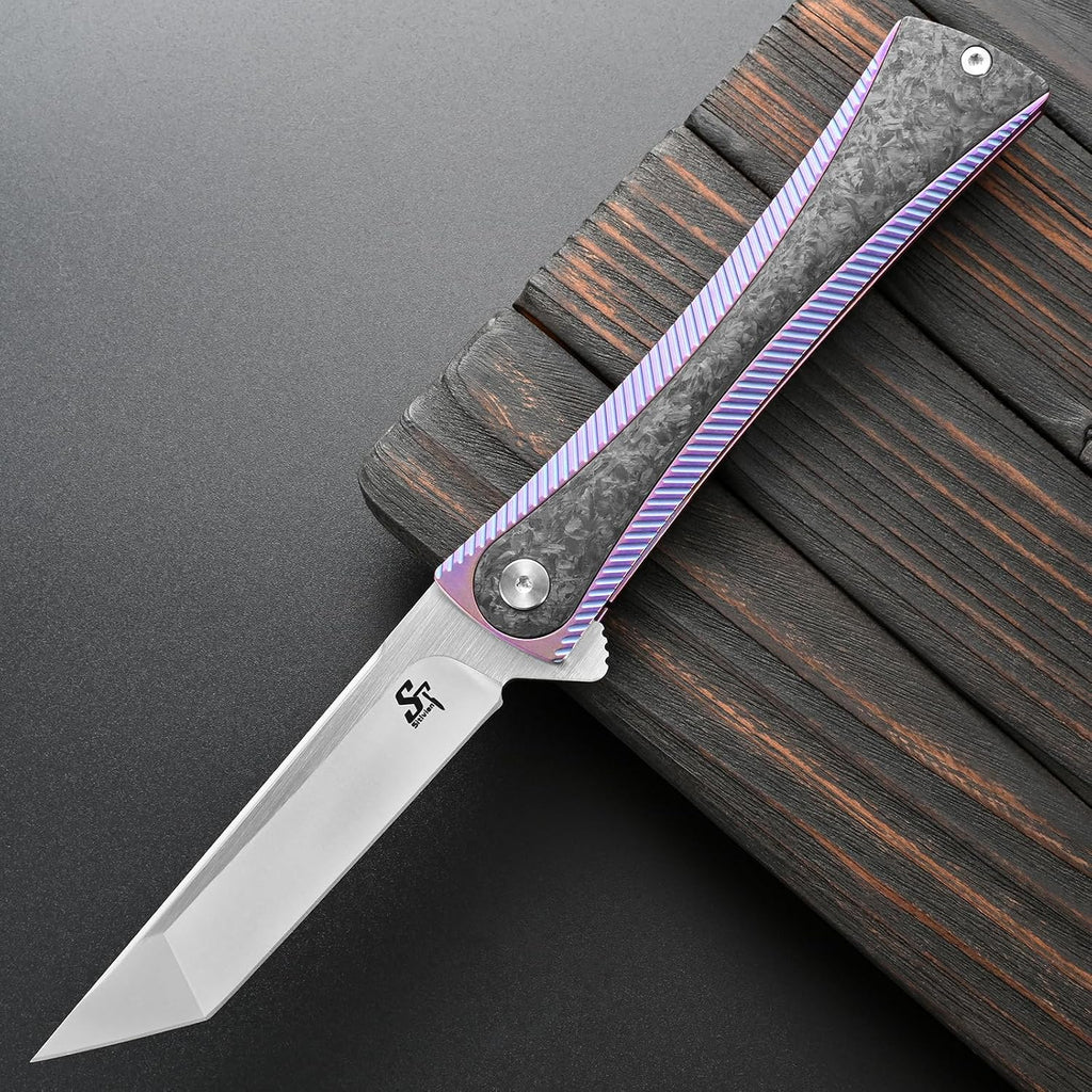 Sitivien ST994 Folding Knife, Handmade M390 Brushed Steel Blade Titanium Carbon Fiber Handle with Ball Bearing for Outdoor Camping Hiking Survival (Pink)