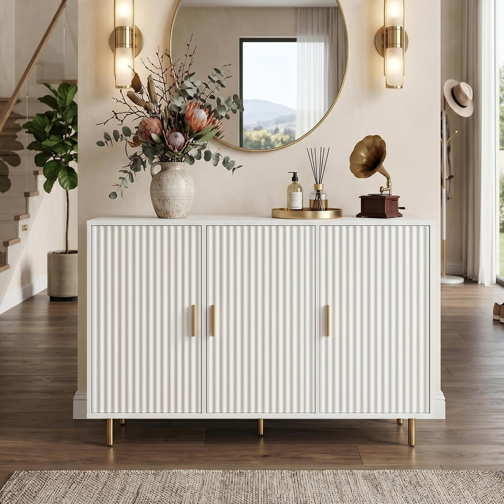 DIYART White Sideboard Buffet Cabinet, Accent Coffee Bar with 3 Doors, Entryway Cabinet for Living Room, Kitchen, Hallway