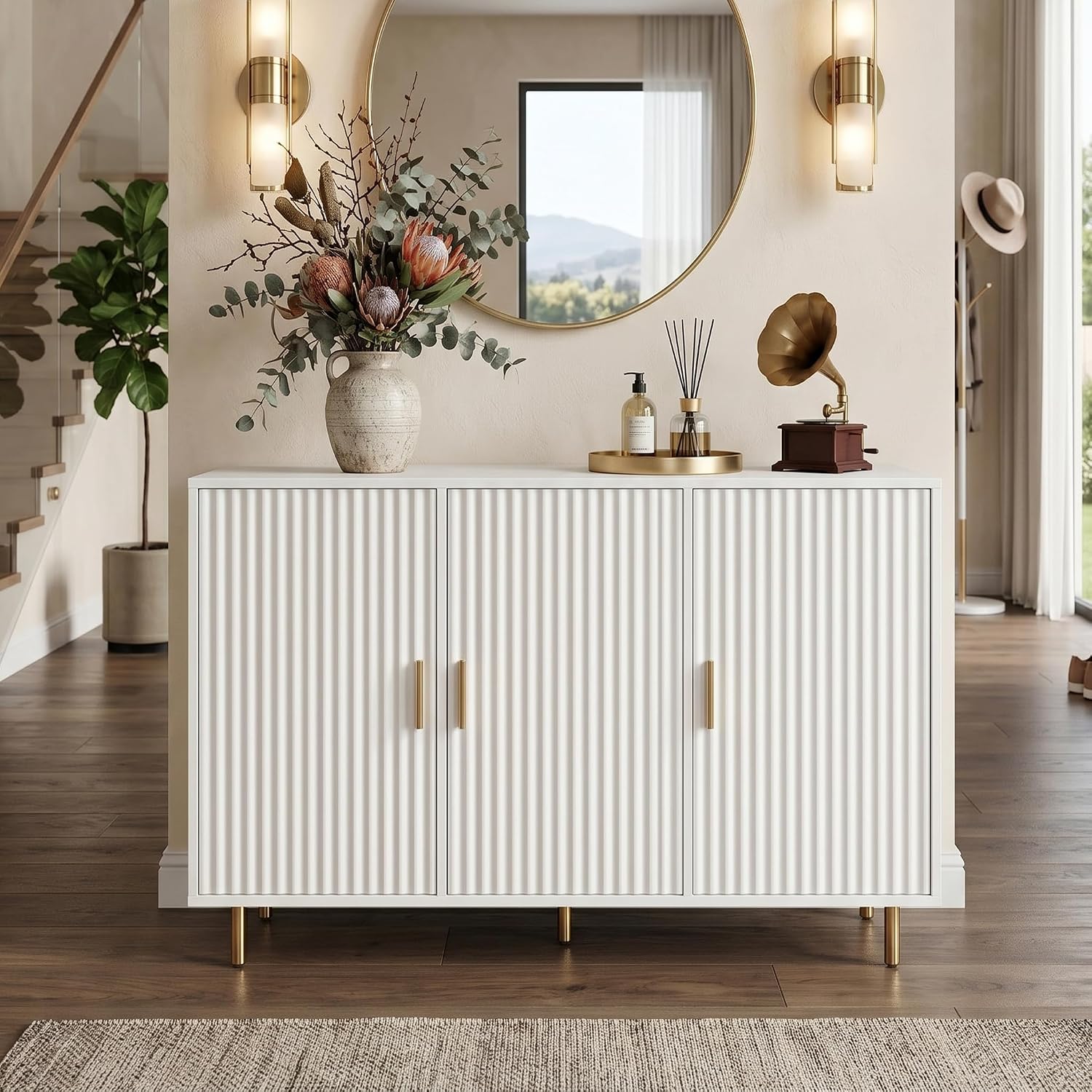 DIYART White Sideboard Buffet Cabinet, Accent Coffee Bar with 3 Doors, Entryway Cabinet for Living Room, Kitchen, Hallway
