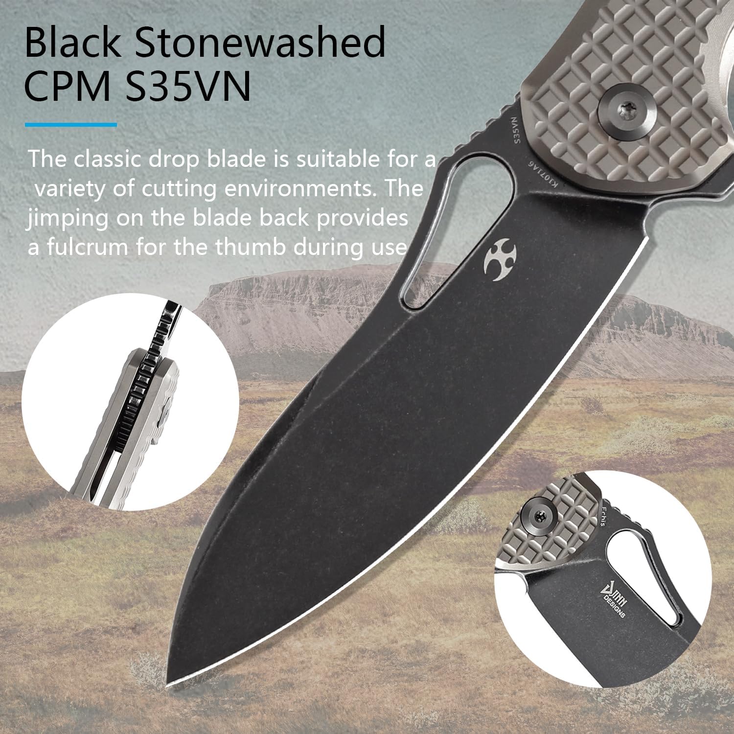 KANSEPT Echis Pocket Folding Knives for Men Women Camping Hiking Folding Knife 3.45'' Black Stonewashed CPM S35VN Blade with Bronzed Anodized Titanium with Frag Pattern Handle Everyday Carry K1071A6