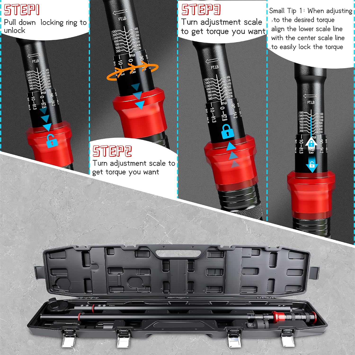 1-Inch Drive Torque Wrench 200-1500ft.lb/271.0-2032.5Nm, ±3% Precision Dual Direction Torque Wrenches with 24-Tooth Dual Range Scales with Ft.Lbs and N.m