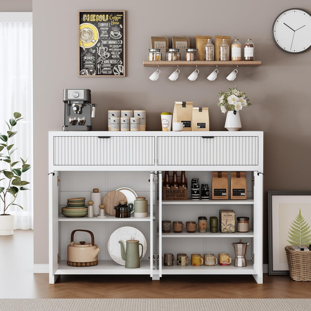55' W Sideboard Buffet Cabinet with Storage, White Fluted Cabinet with 2 Drawers & 4 Doors, Wood Kitchen Cabinet with Adjustable Shelves for Living Room,Kitchen and Dining Room - White