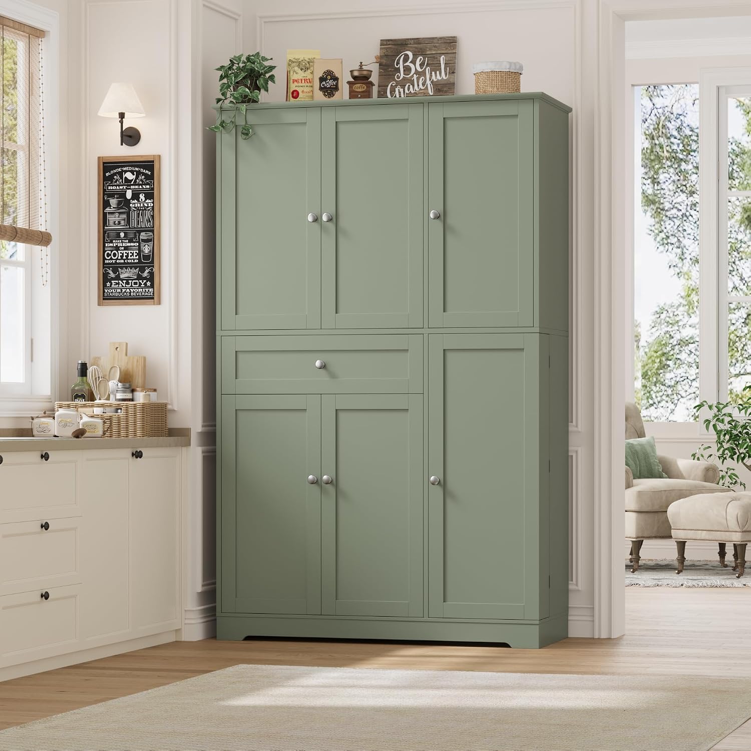 HOSTACK 68' Tall Kitchen Pantry Storage Cabinet, Modern Kitchen Hutch Cabinet with Doors and Shelves, Freestanding Food Pantry with Large Storage Drawer for Dining Room, Living Room, Green