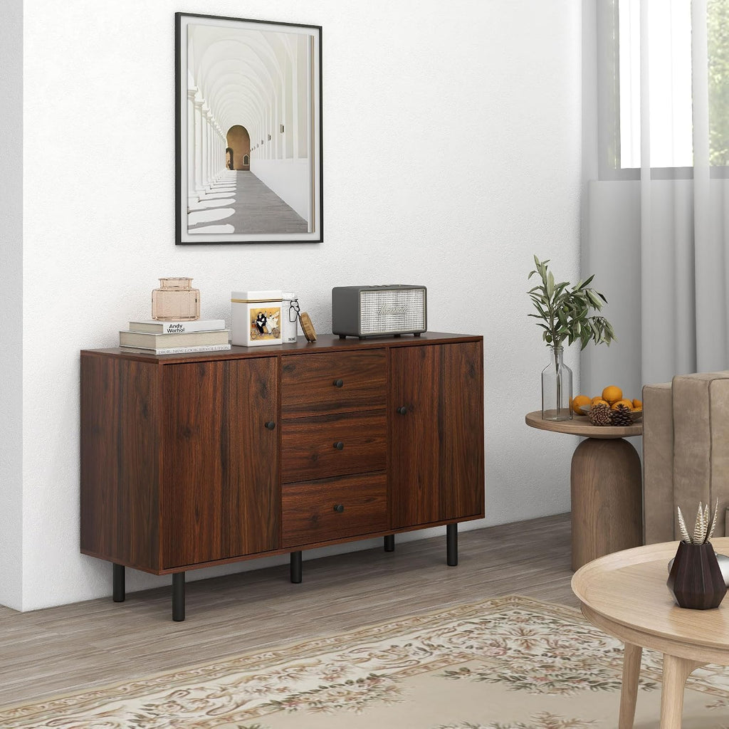 HOMCOM Storage Sideboard, Credenza Cabinet with 2 Cupboards, 3 Drawers and Adjustable Shelves, Buffet Table for Living Room, Entryway, Brown 839-545V01BN
