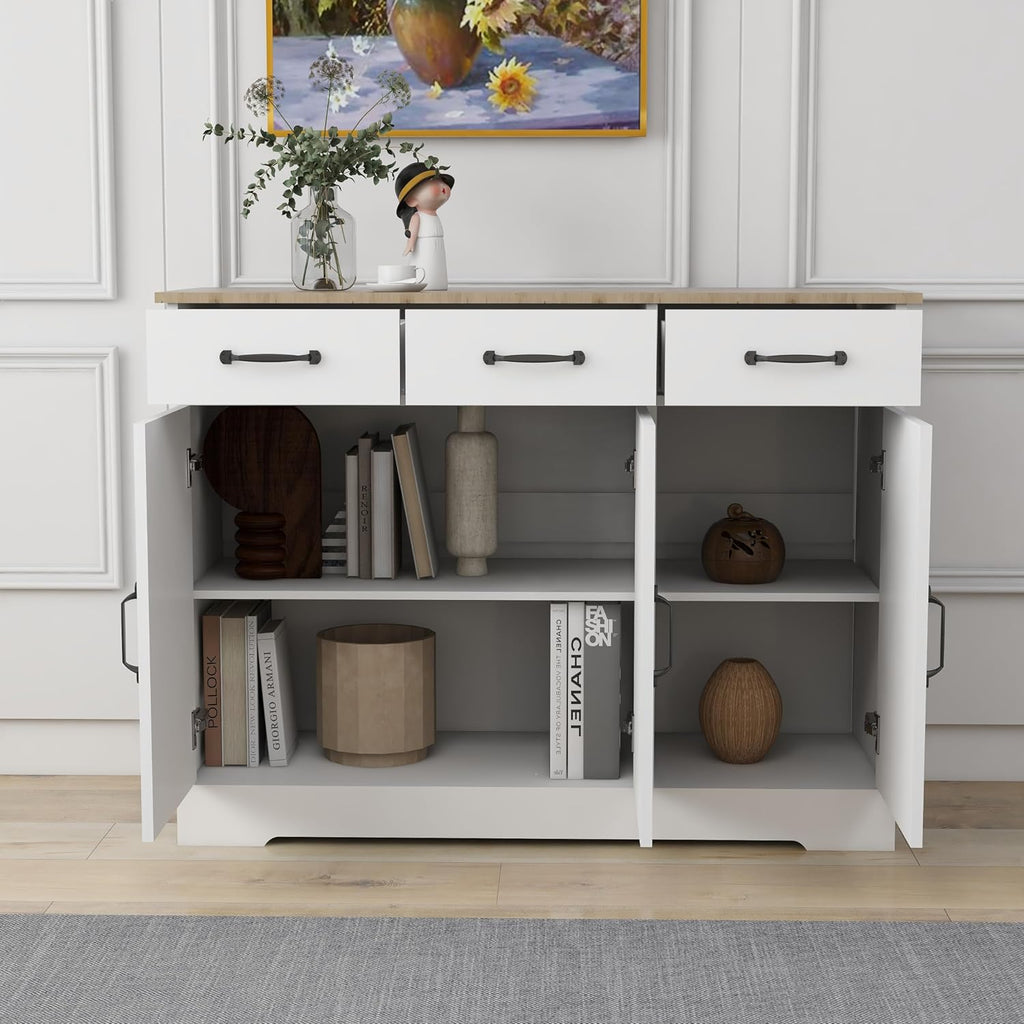 RASOO Sideboard Buffet Cabinet White Field Door Panel Kitchen Side Board Cabinet with Storage 3 Doors and 3 Drawers for Living Room, Kitchen (Grid Doors)