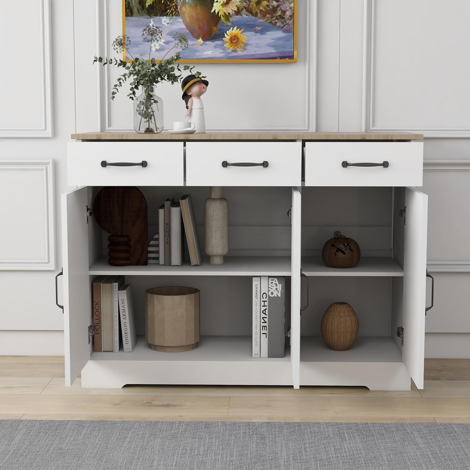 RASOO Sideboard Buffet Cabinet White Field Door Panel Kitchen Side Board Cabinet with Storage 3 Doors and 3 Drawers for Living Room, Kitchen (Grid Doors)