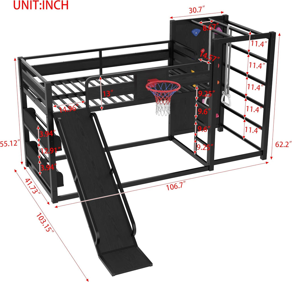 Metal Twin Over Twin Bunk Bed with Slide and Bookshelf, Modern Heavy Duty Bunk Bed with Basketball Hoop, Pull-Up Rings and Climbing Wall, Low Playhouse Loft Bed for Kids, Black
