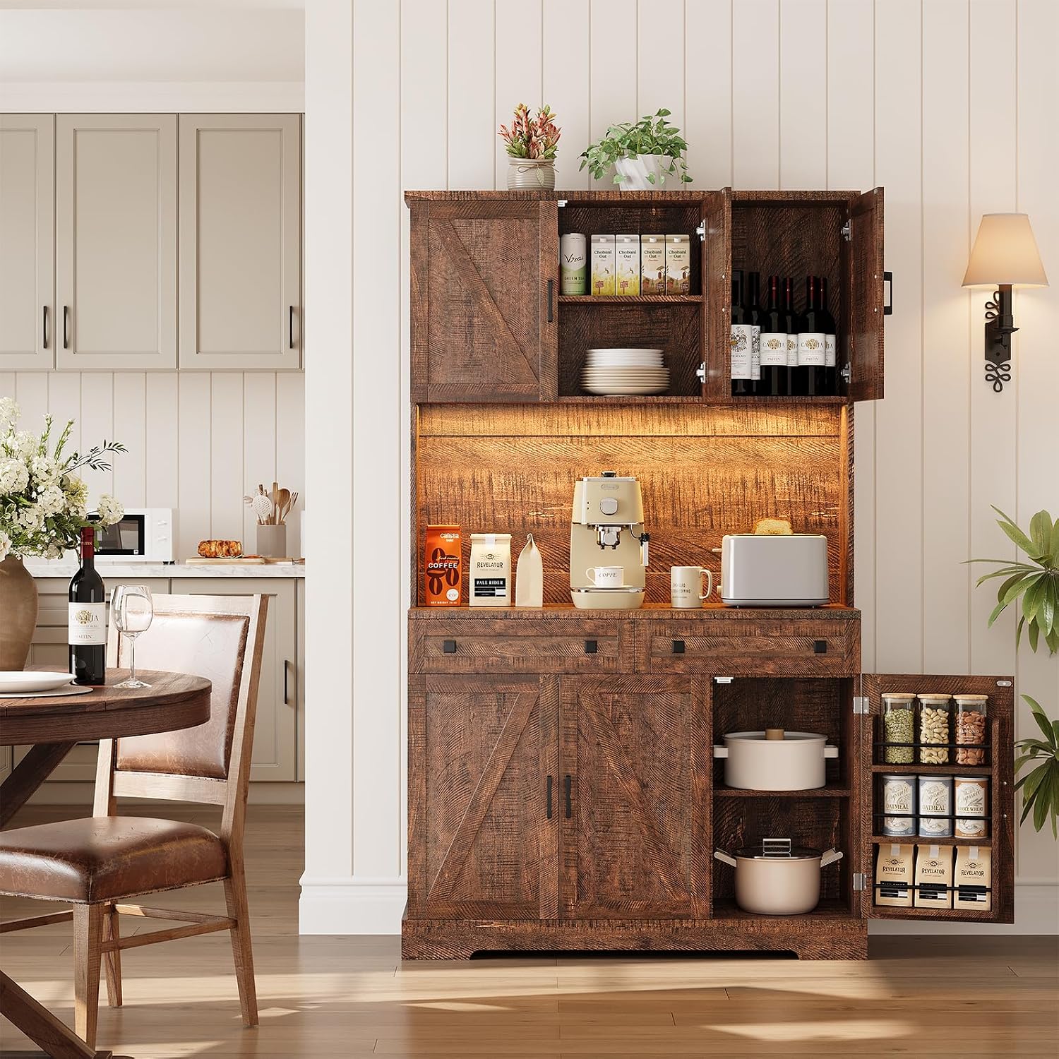 ELYKEN 71' Tall Ktchen Pantry Cabinet with Charging Station & LED Lights, Farmhouse Kitchen Hutch Cabinet with Large Countertop for Dining Room Living Room, Brown