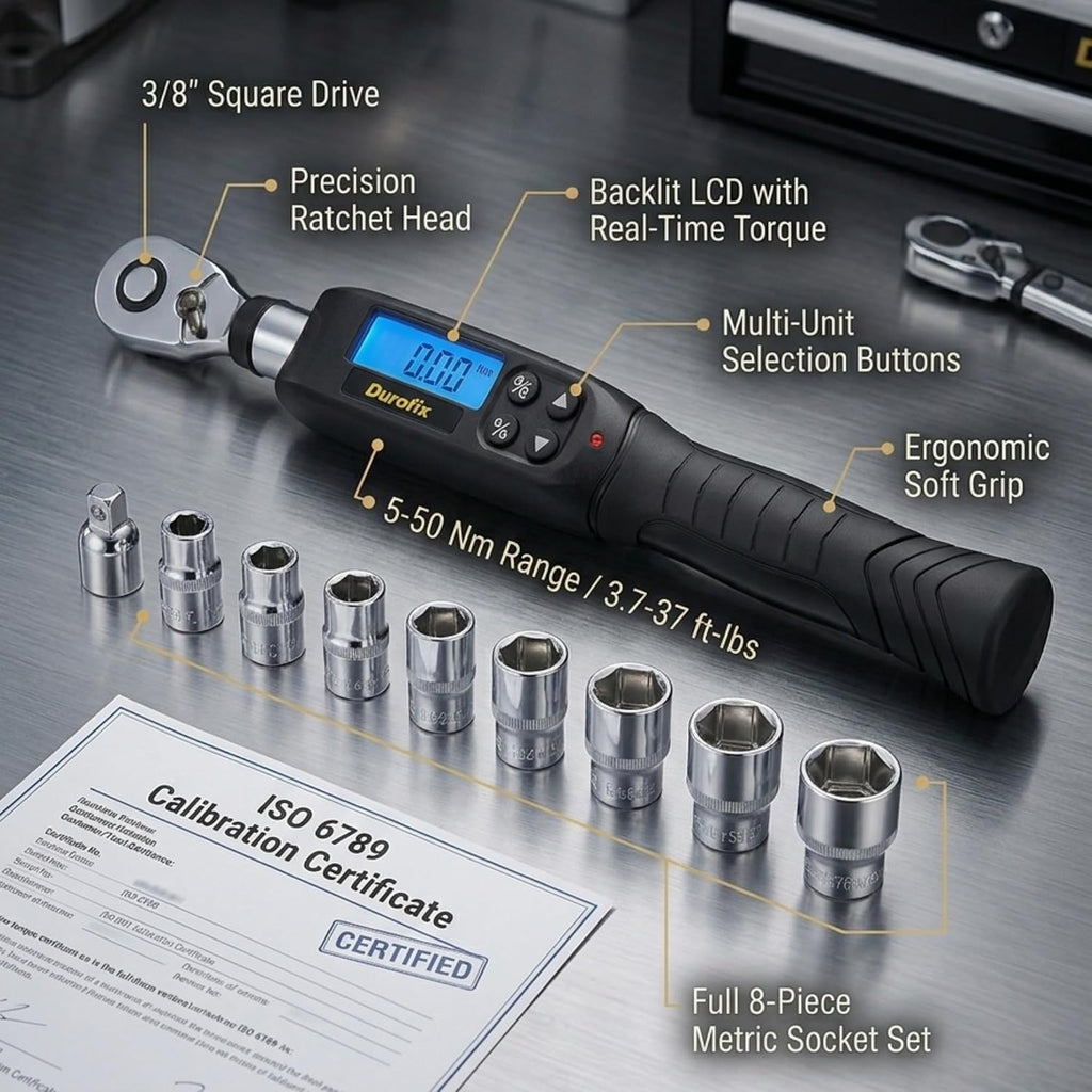 Durofix RM601-34 Digital Torque Wrench Combo Kit Set, 3/8' & 1/2' Drive (3.7–150 ft-lbs), Electronic Torque Wrench with Buzzer, LED & LCD Display – ISO 6789 Certified, Hard Cases Included