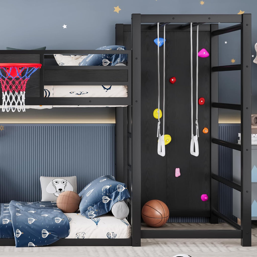 Twin XL Bunk Bed with Slide, Basketball Hoop & Pull-Up Rings, Industrial Style Bunk Bed Frame with Slide, Bookshelf and Climbing Wall, Low Playhouse Loft Bed for Kids, Black