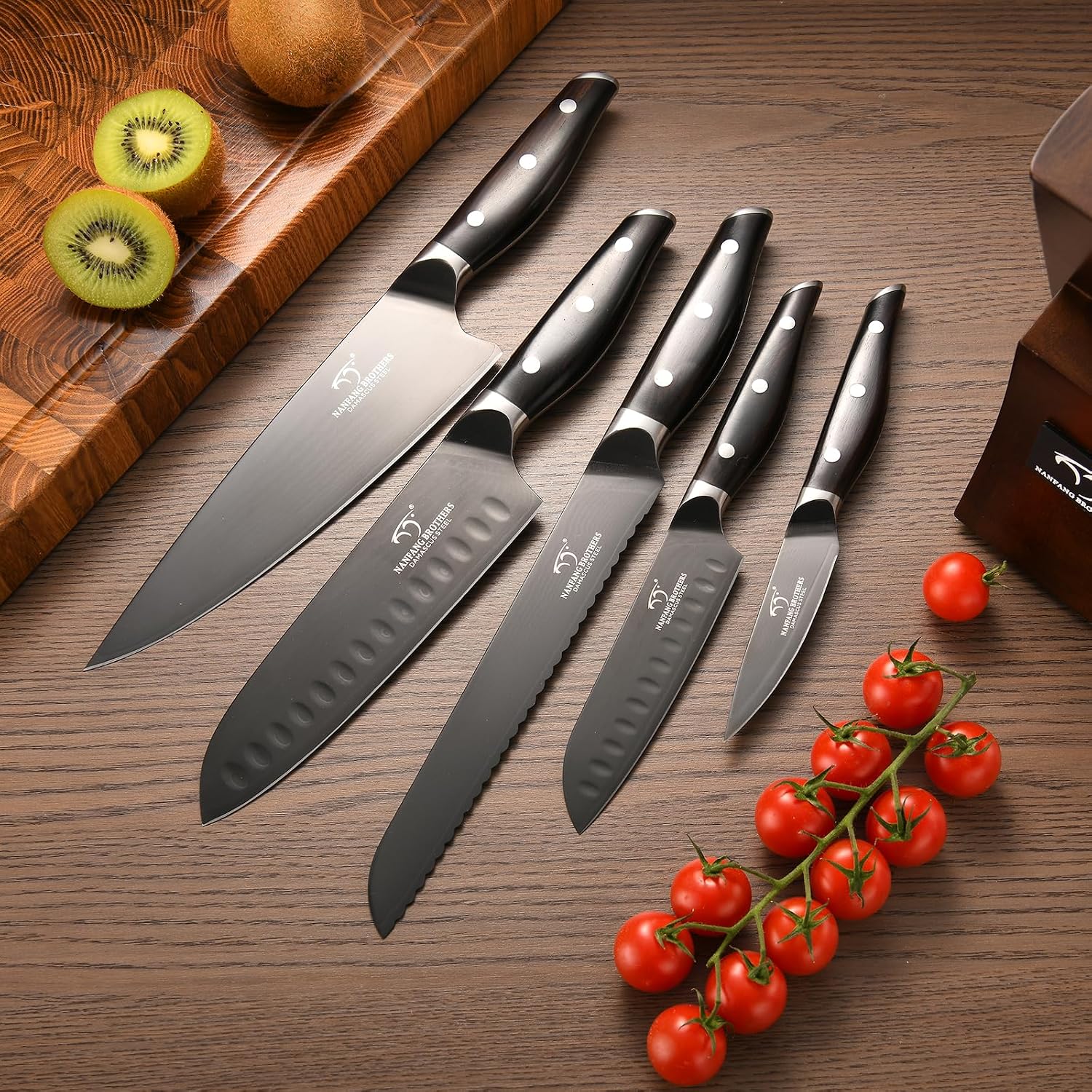 7-Piece Damascus Knife Set with VG10 Core Blades, 67-Layer Damascus Steel, Black Titanium Coated Kitchen Knives for Polished Ebony Wood Handle for a Comfortable, Ultra Sharp Chef Knife Set