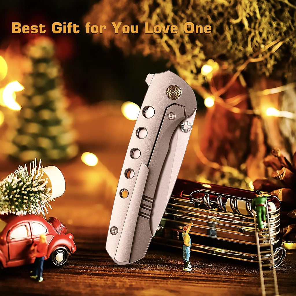 REMETTE Pocket Knife with Titanium Toothpick Manual Grinding Pearlescent Satin M390 Blade Titanium Handle Flipper Opener Thumb Stud Folding Knives for Men Women Gifts (RT-BEE)
